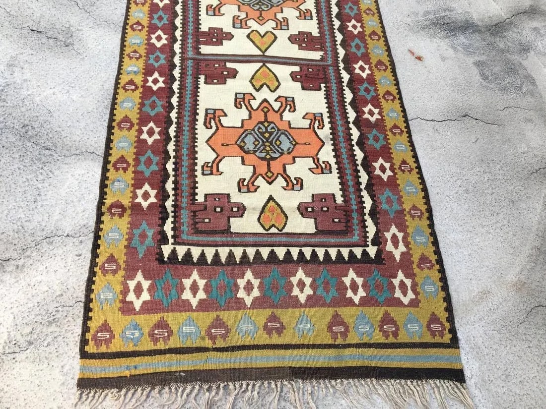 Vintage Turkish Anatolian Olive Green Kilim Wool Rug - 2'11'' * 4'7'' - 3