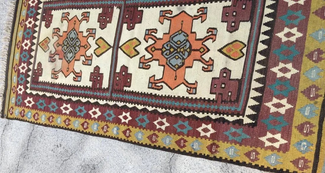 Vintage Turkish Anatolian Olive Green Kilim Wool Rug - 2'11'' * 4'7'' - 4