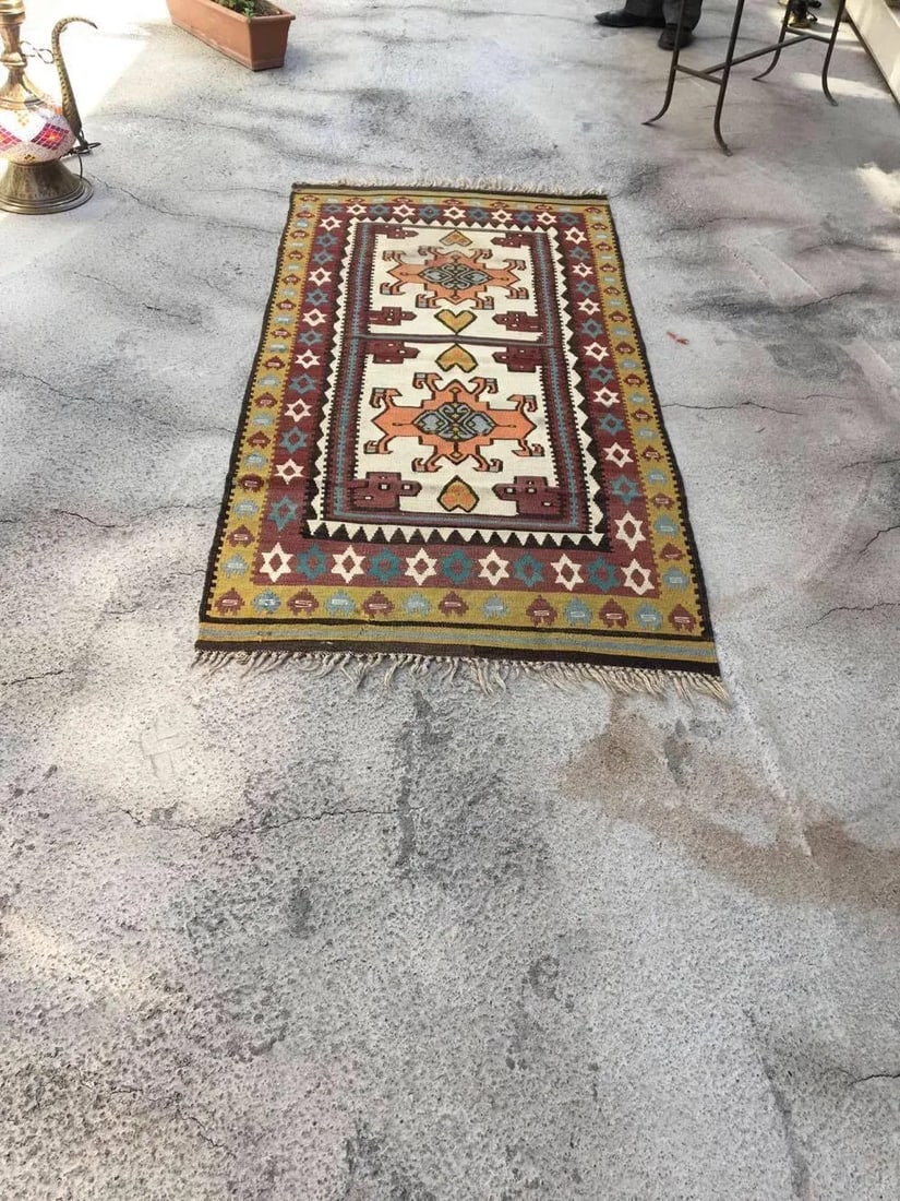 Vintage Turkish Anatolian Olive Green Kilim Wool Rug - 2'11'' * 4'7'' - 5