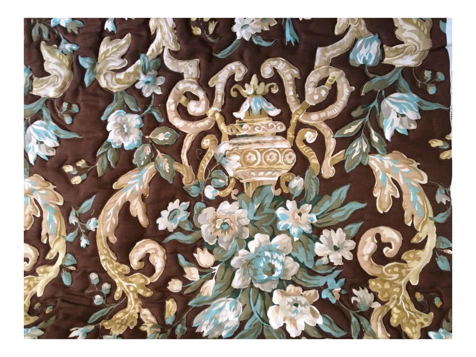 "Quilted" - j.h. Thorp / F. Schumacher Upholstery Fabric - 4 Yards: "Quilted" gorgous linen material perfect for much needed unique throw pillows! Manufacturer: J.H. Thorpe / F. Schumacher Pattern: Andover Material: 100% Linen Pattern: Floral Colors: Gold, Brown,