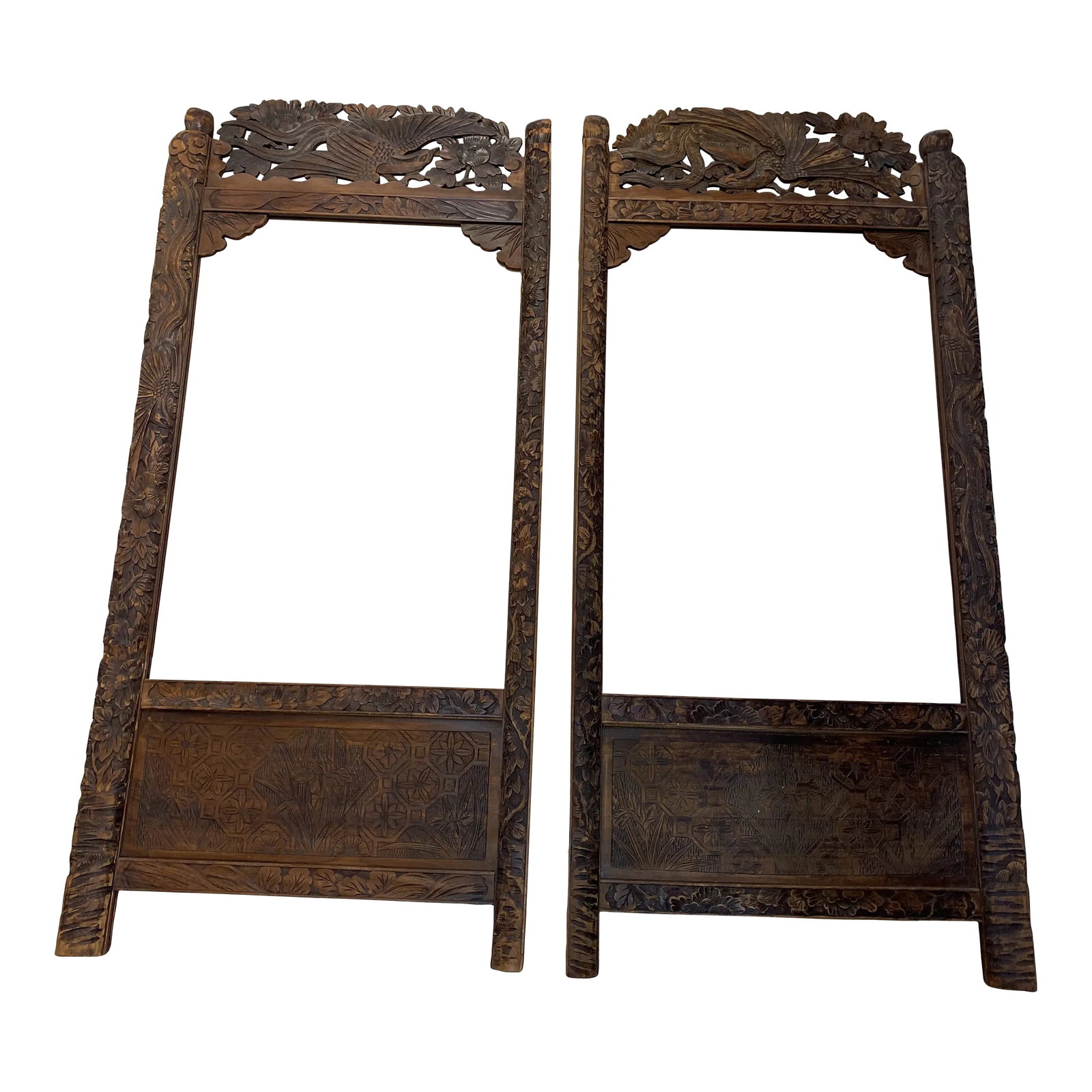 Antique 1910s Chinese Screen and Room Divider - a Pair: Circa 1910 pairs of carved wood Chinese room screen divider. You can decorate it with a mirror or a painting . Condition: Alterations: Unknown Imperfections: Some Imperfections Condition Notes: The