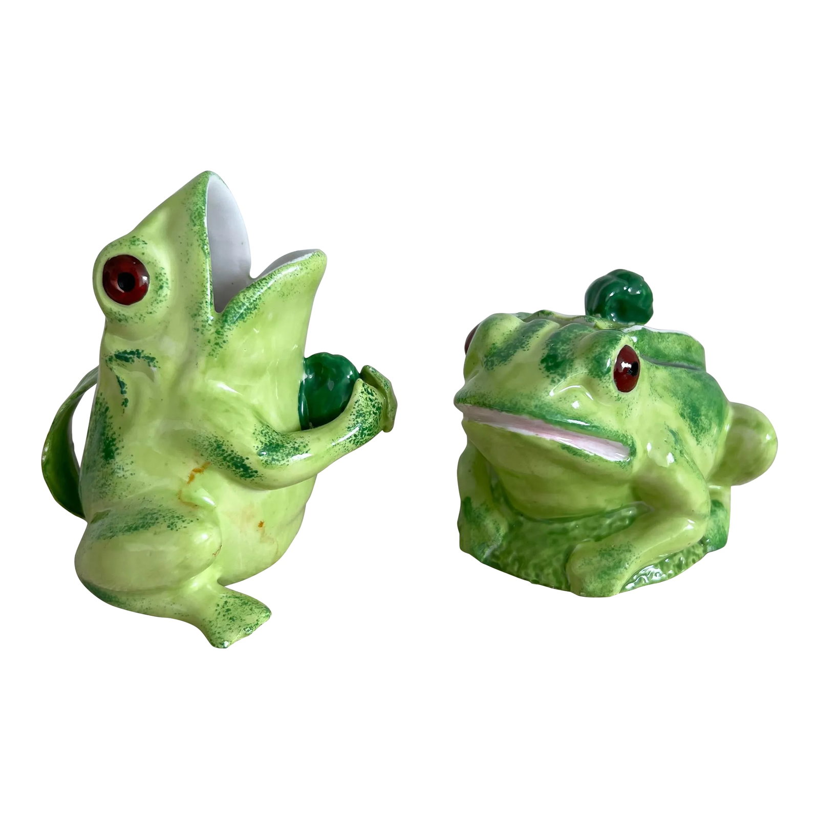 Italian Frog Sugar Bowl and Creamer Set: Very sweet set of two frogs made in Italy. One creamer and one sugar container. Great for a spring table scape. Excellent vintage condition. Measurements of creamer: 3.5"x3.5"x4" Measurements of