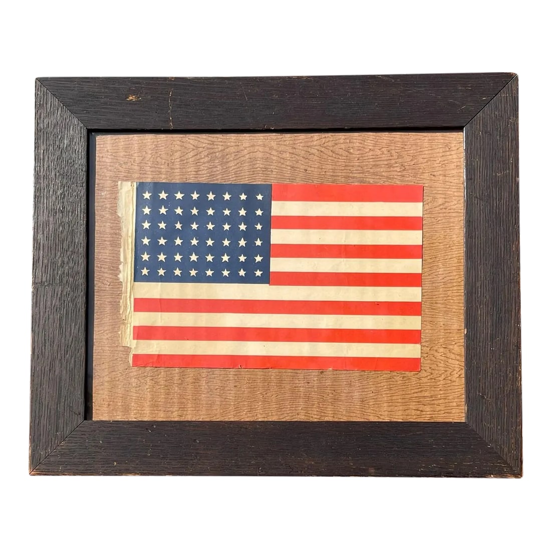 Vintage 48 Star American Flag 1940 in Vintage 1940 Oak Frame: This vintage 1940's parade flag printed on paper both sides, was attached to a wood stick which we carefully removed before preserving in in this 1940 vintage oak frame. Flag 8" x 5" Overall about