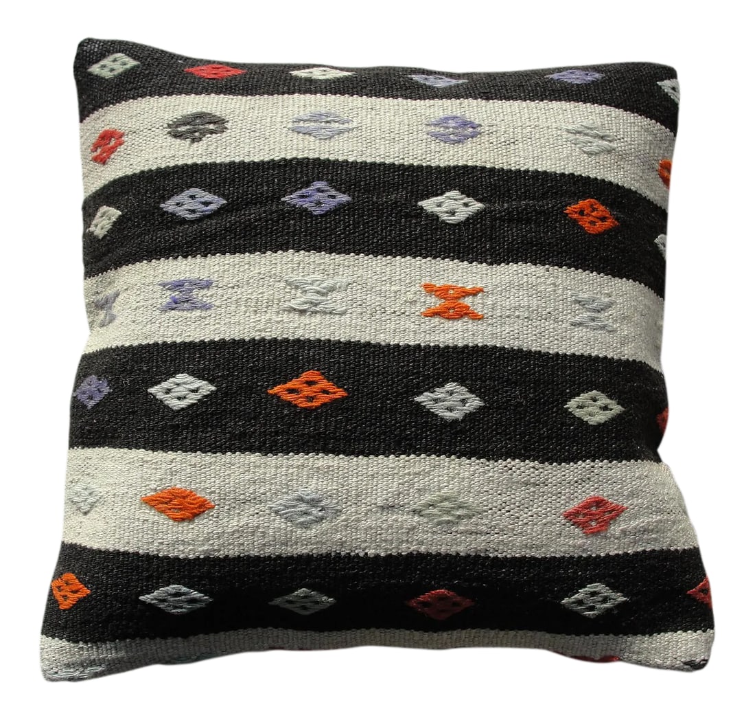 Kilim Rug Pillow: Kilim Rug Pillow Made from old turkish kilims Back side cotton and has closed with a solid hidden zipper size:16" x 16" It is ready to use. The colors come from vegetable dyes. less less Condition: