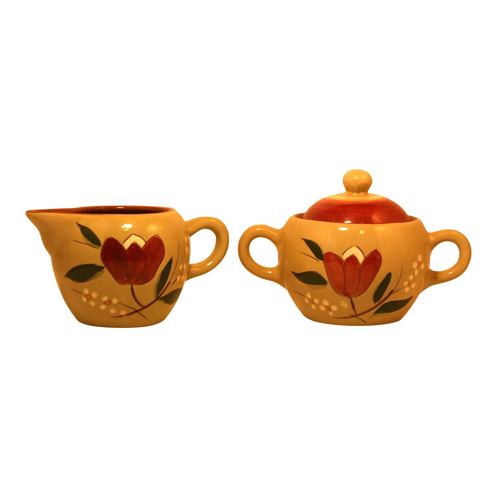Vintage Stangl Pottery 1950s Magnolia Pattern Lidded Sugar Bowl & Creamer Set- 2 Pieces: Vintage Stangl Magnolia Lidded Sugar & Creamer Set 3 Piece Set The Stangl Magnolia pattern was designed by Kay Hackett and was introduced in 1952. It remained in production until 1978. This pattern wa