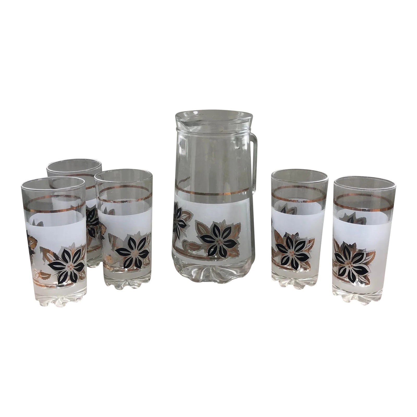 Mid-Century Modern Italian Cocktail Set in Frosted Windrose Pattern-6 Piece Set: A beautiful, MCM, Italian barware set deserves a good home...will it be yours? Crafted in Cerve Italy, this thick and heavy pressed glass by Devalbor is smartly decorated with gold and black flowers