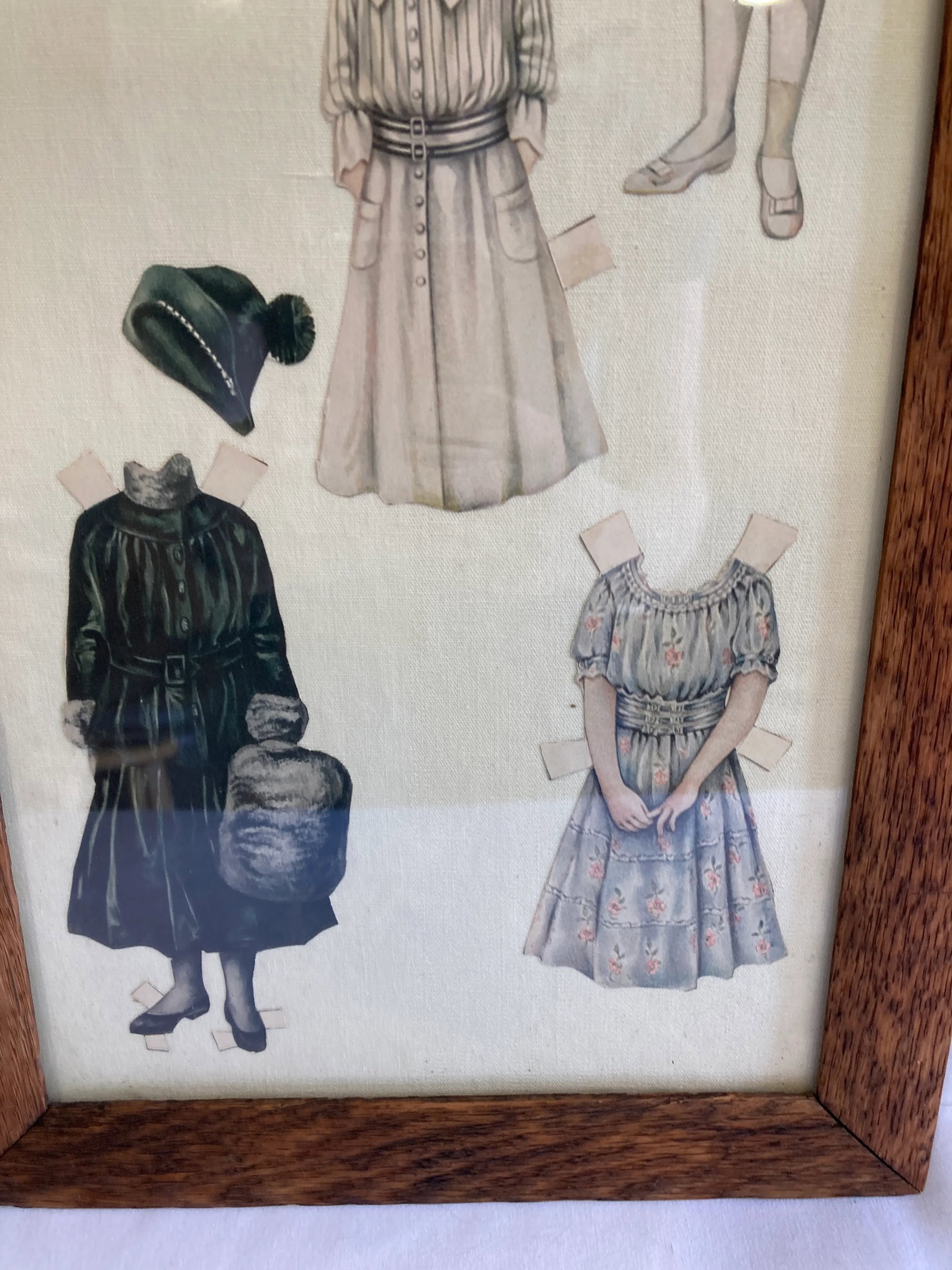 Vintage Paper Doll Clothing on Cloth Background, Framed - 2