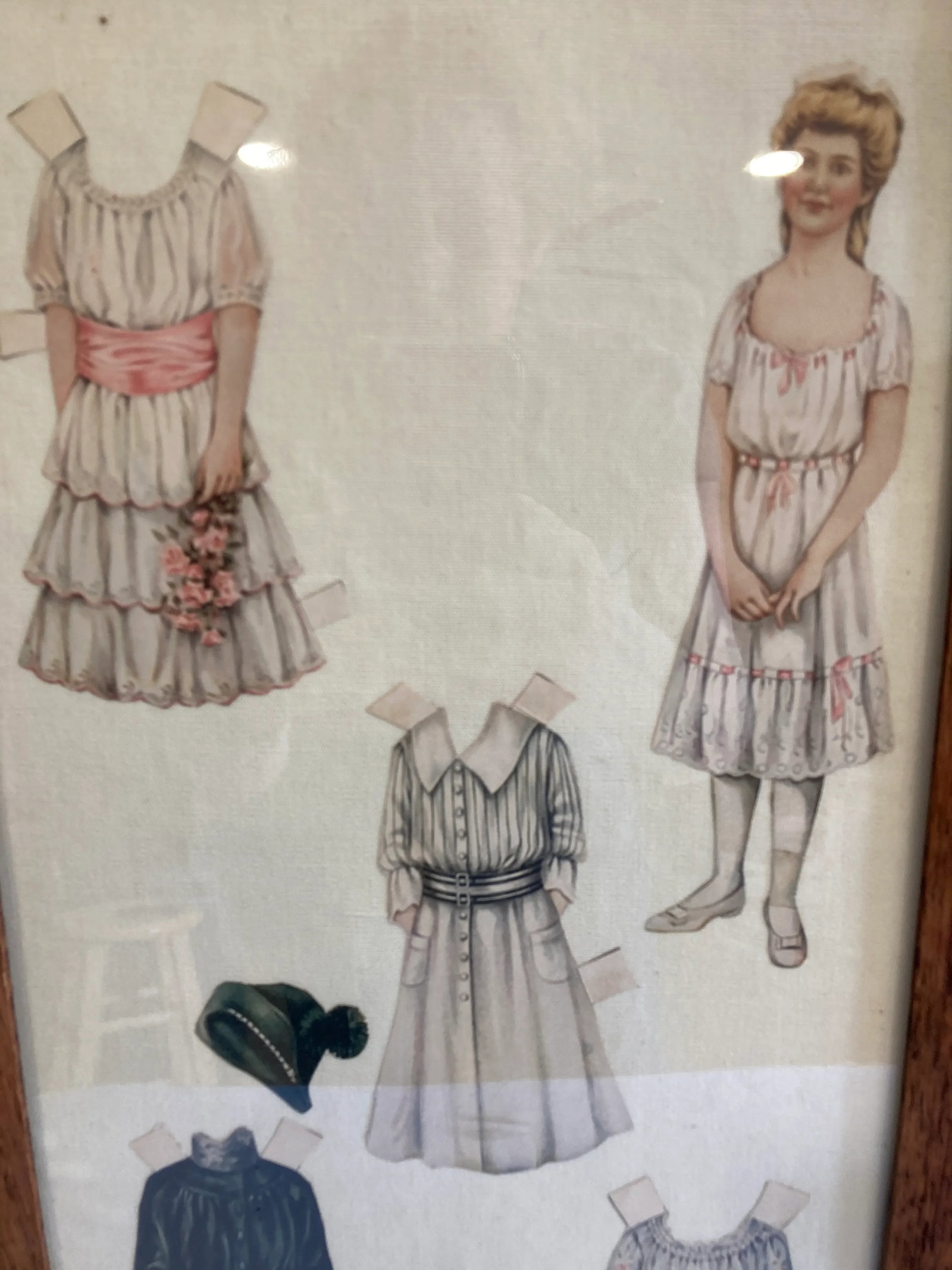 Vintage Paper Doll Clothing on Cloth Background, Framed - 3