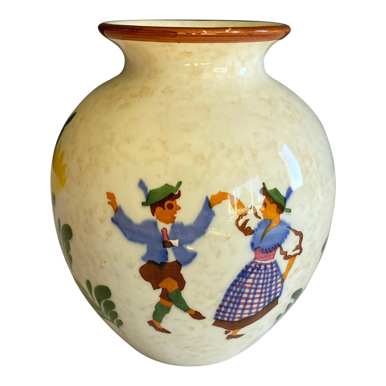1940's Hand Painted Peasant Vase: A delightful vintage ceramic vase showcasing a hand-painted Bavarian folk dance scene. The dancers, clad in traditional attire, bring joyful motion and cultural charm to this unique decorative piece.