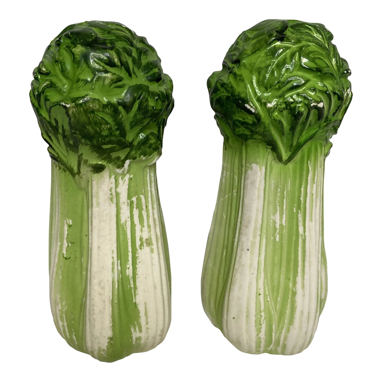 Midcentury Ceramic Lettuce Salt & Pepper Shakers- A Pair: Add a unique flair to your dining collection with these vintage ceramic lettuce salt shakers. Featuring vibrant green tops and white bases with intricate detailing, these pieces offer a delightful nod