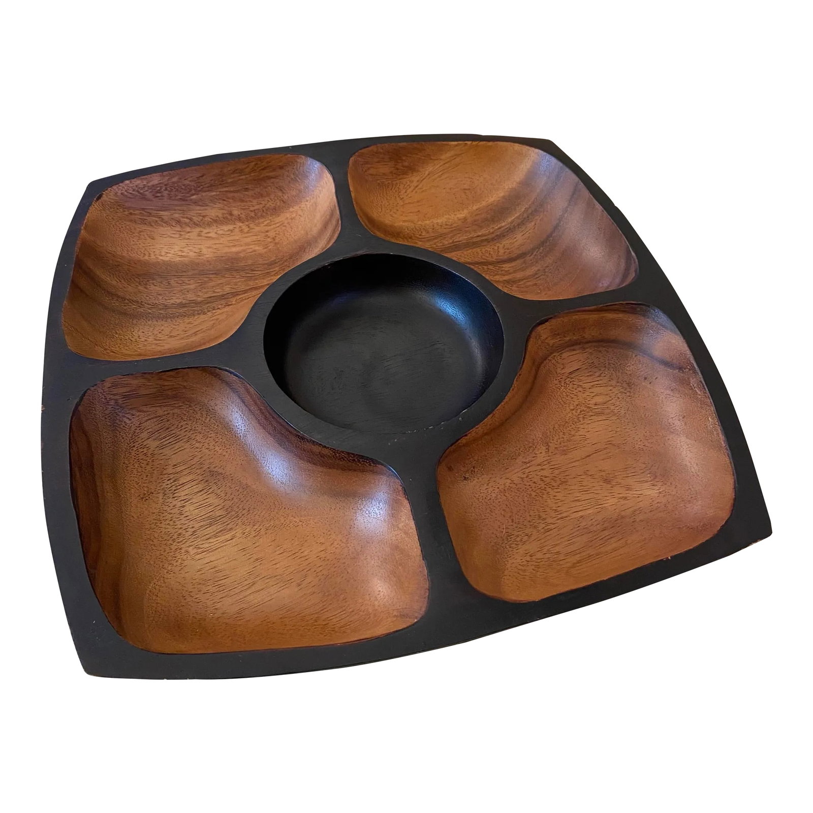 Mid Century Modern Style Heavy Acacia Wood Chip & Dip Serving Tray: This is a Mid Century Modern style heavy acacia wood chip & dip multiple compartment serving tray from 2008. It was made in the Philippines. It would be great for a snack tray or small charcuterie