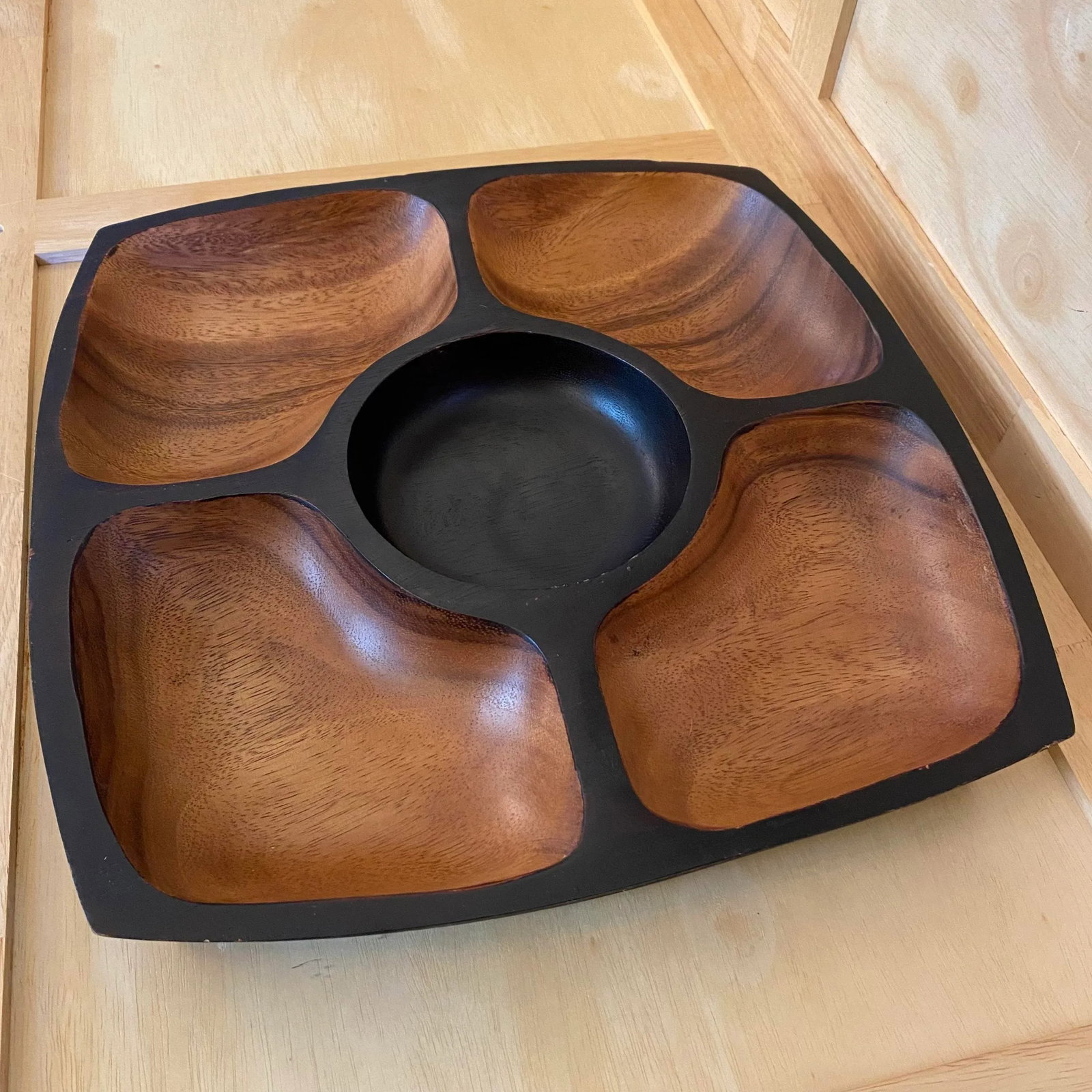 Mid Century Modern Style Heavy Acacia Wood Chip & Dip Serving Tray - 2
