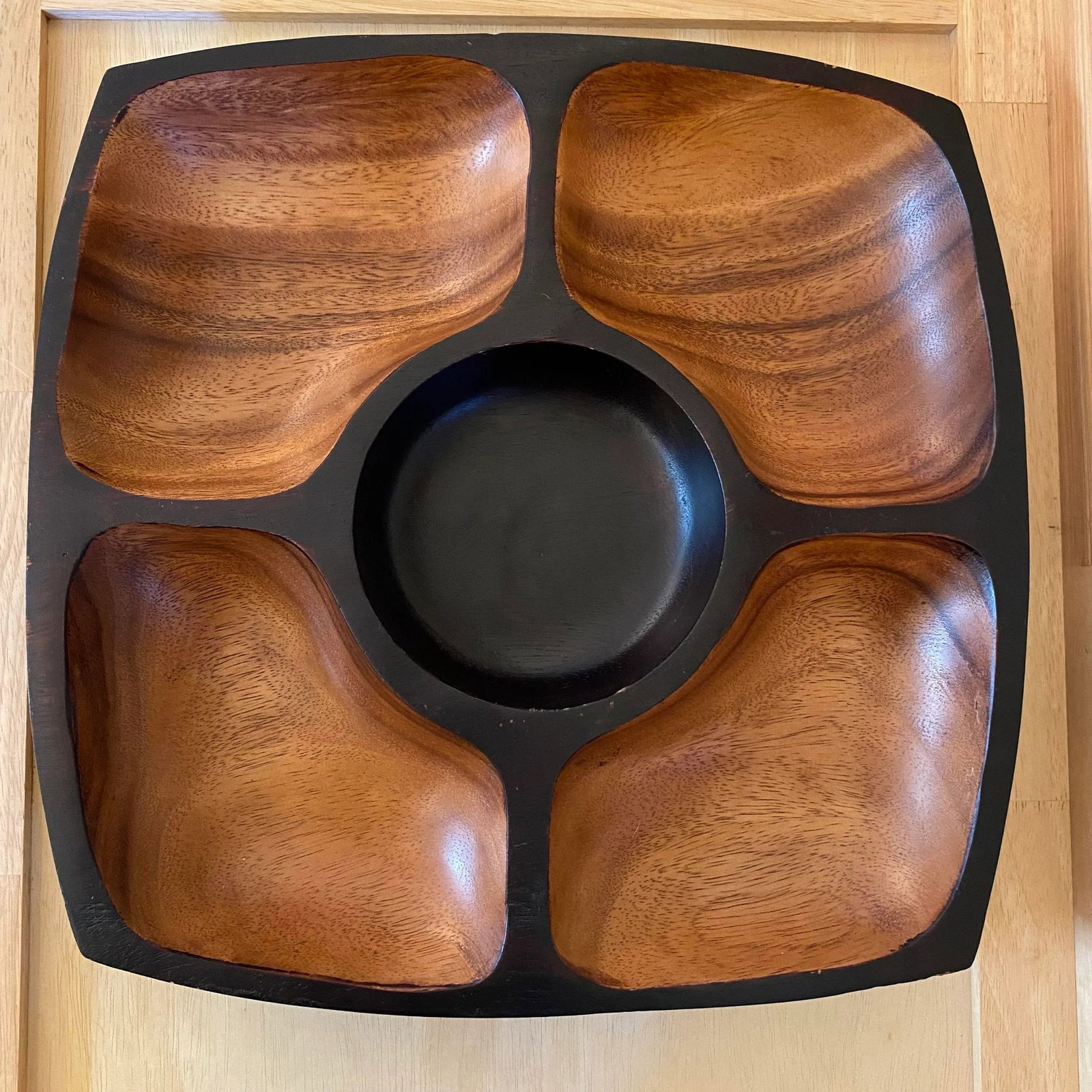 Mid Century Modern Style Heavy Acacia Wood Chip & Dip Serving Tray - 3