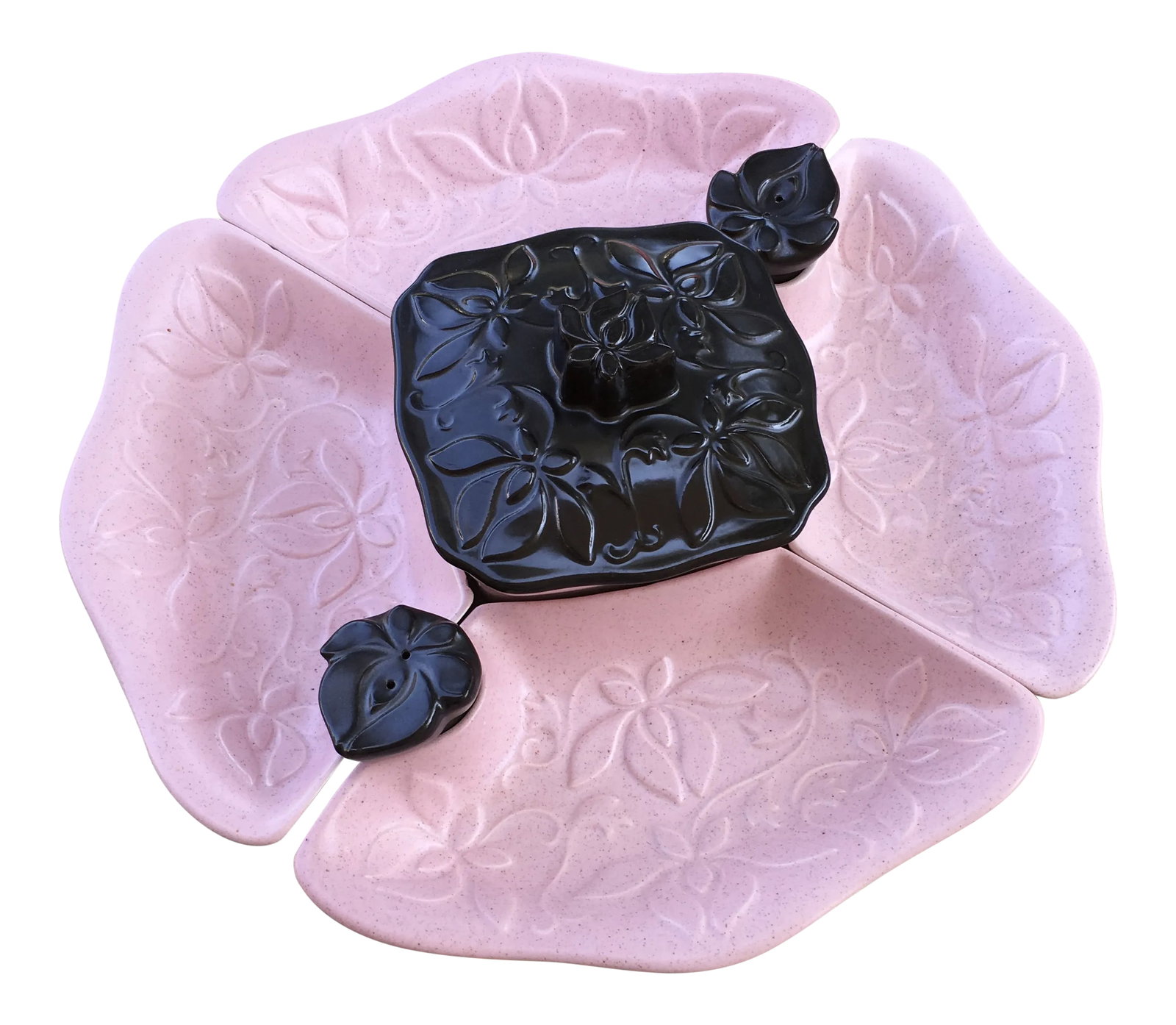 20th Century Art Deco Pink Ceramic Serving Set - 5 Pieces: Vintage 5 piece serving set with salt and pepper set. Marked "Made in the USA". Unique pink and black colored set with lotus impressions. Many serving options from chips and dips to vegetables and