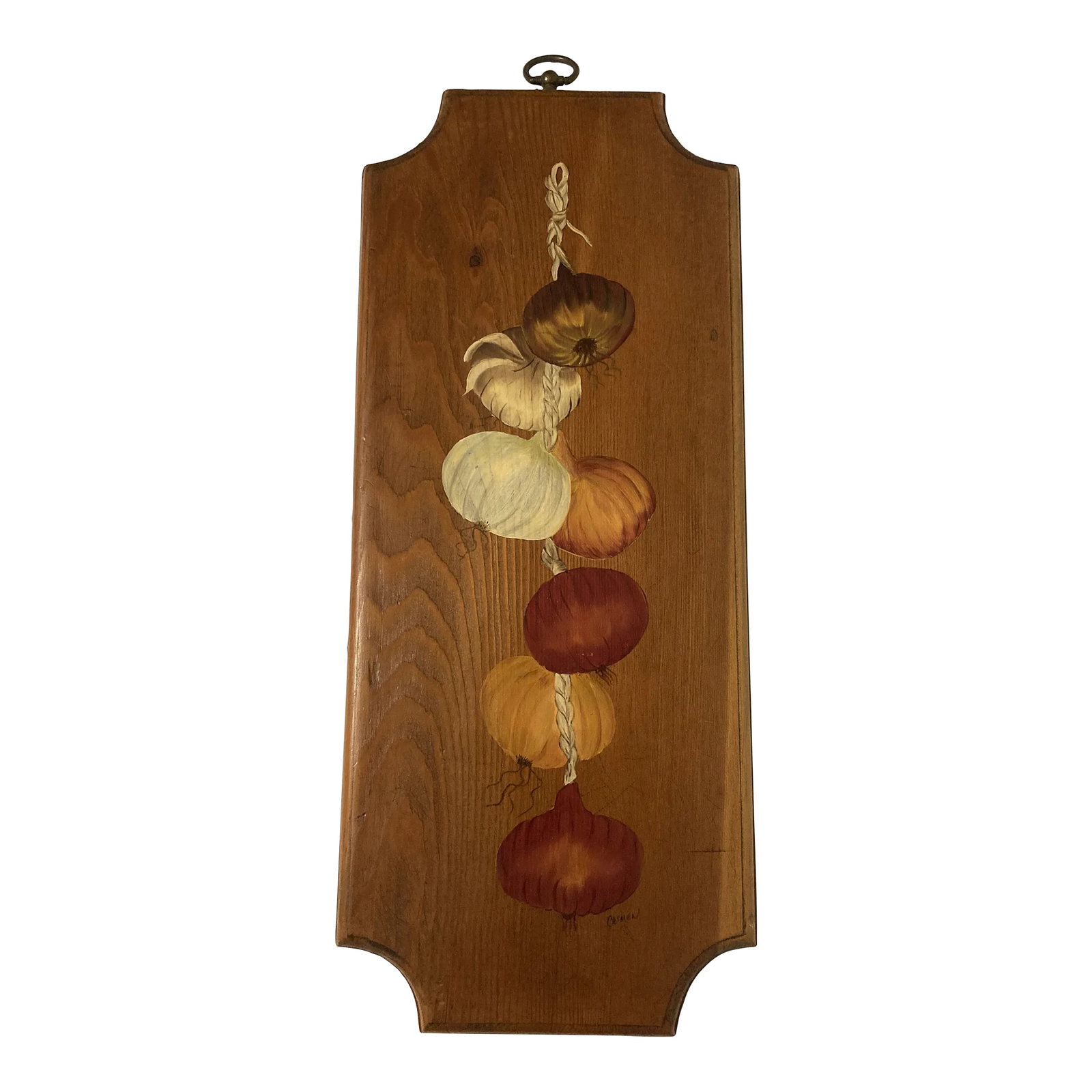 Vintage Midcentury Painted Wood Wall Hanging With Onions and Garlic: Elevate your interior with this distinctive Vintage Wood Wall Plaque with Painted Onions and garlic, a standout among vintage finds. The natural wood grain is adorned with hand-painted red and white