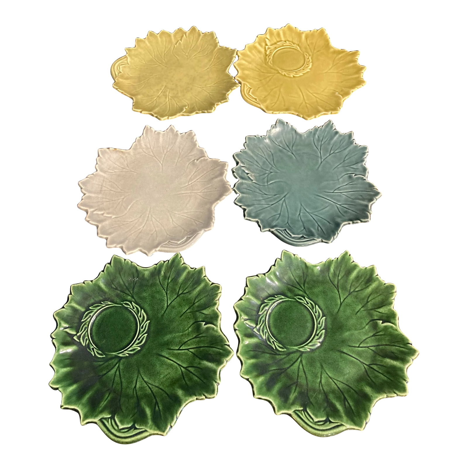 1940's Steubenville Woodfield Majolica Leaf Plates- Set of 6: Lovely set of 6 leaf plates in various shades of green, blue, yellow, and gray. 3 with cup indention, and 3 without. A group of local Steubenville, Ohio, citizens founded the Steubenville Pottery