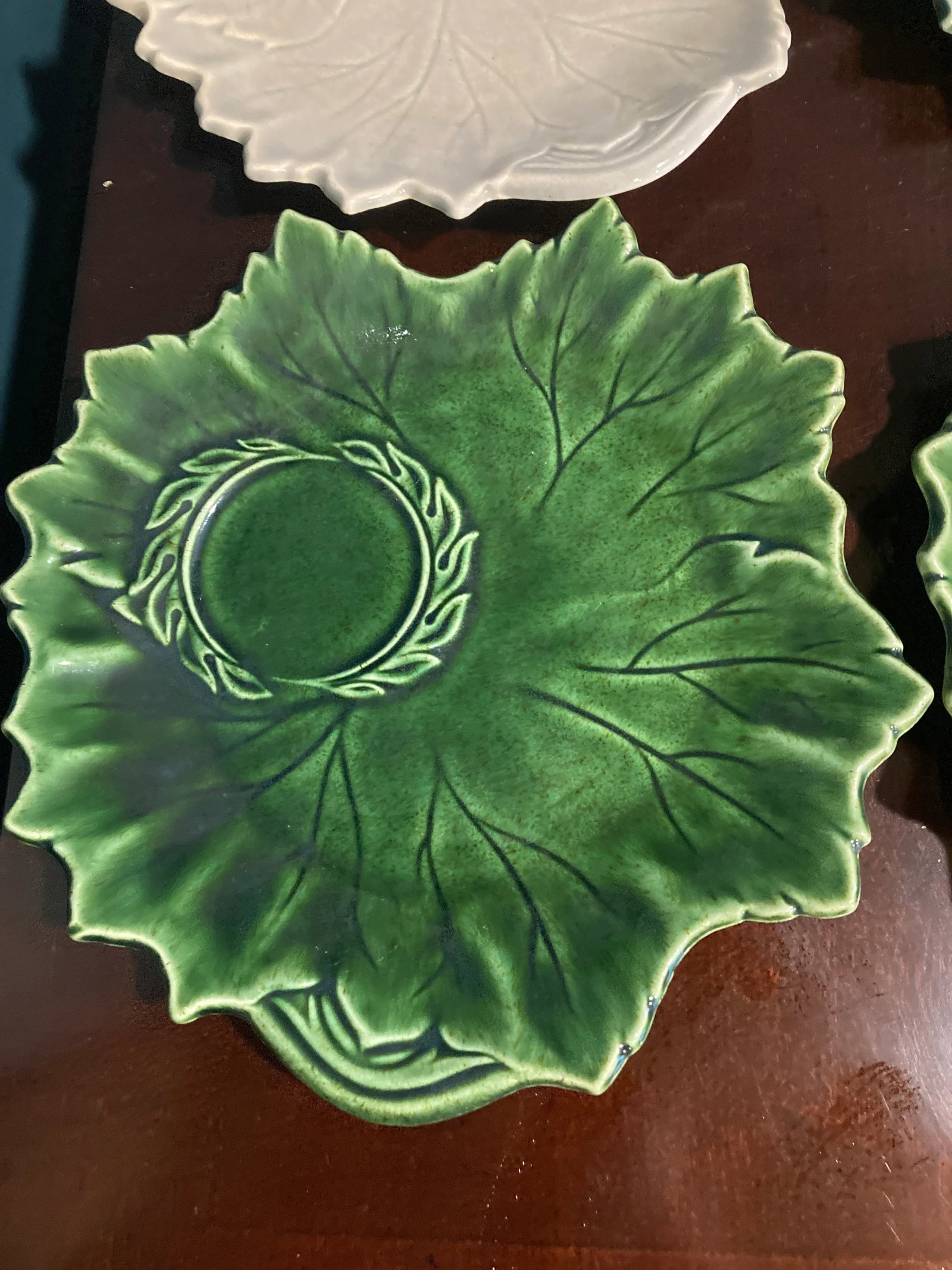 1940's Steubenville Woodfield Majolica Leaf Plates- Set of 6 - 2