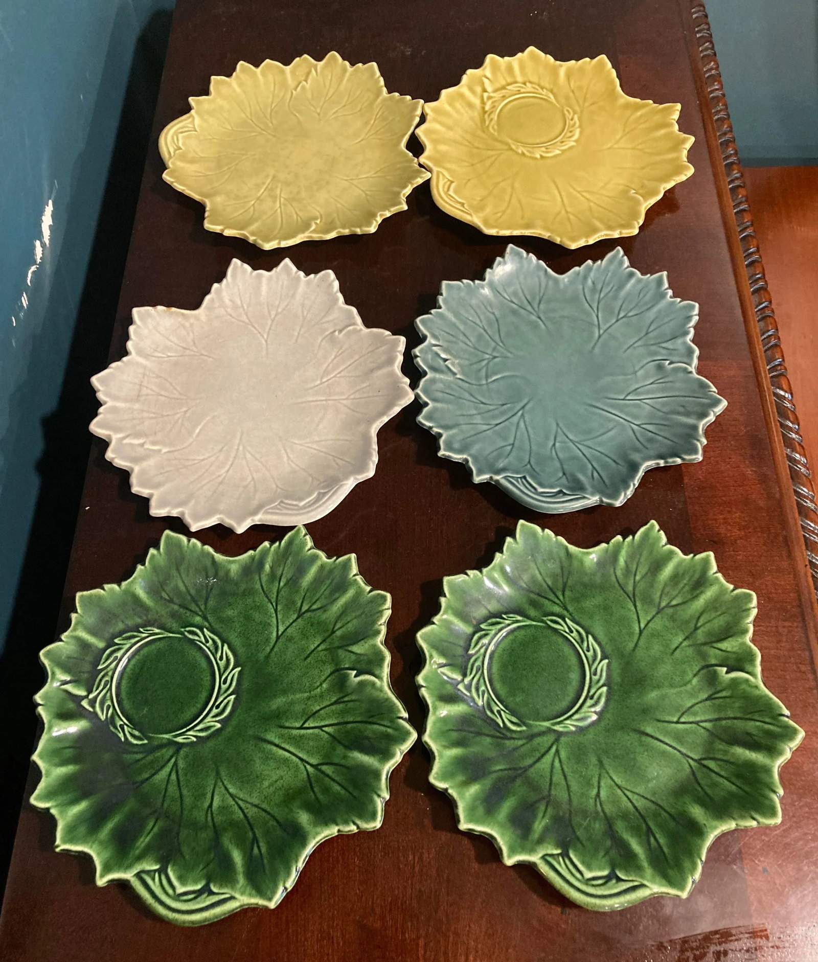 1940's Steubenville Woodfield Majolica Leaf Plates- Set of 6 - 9