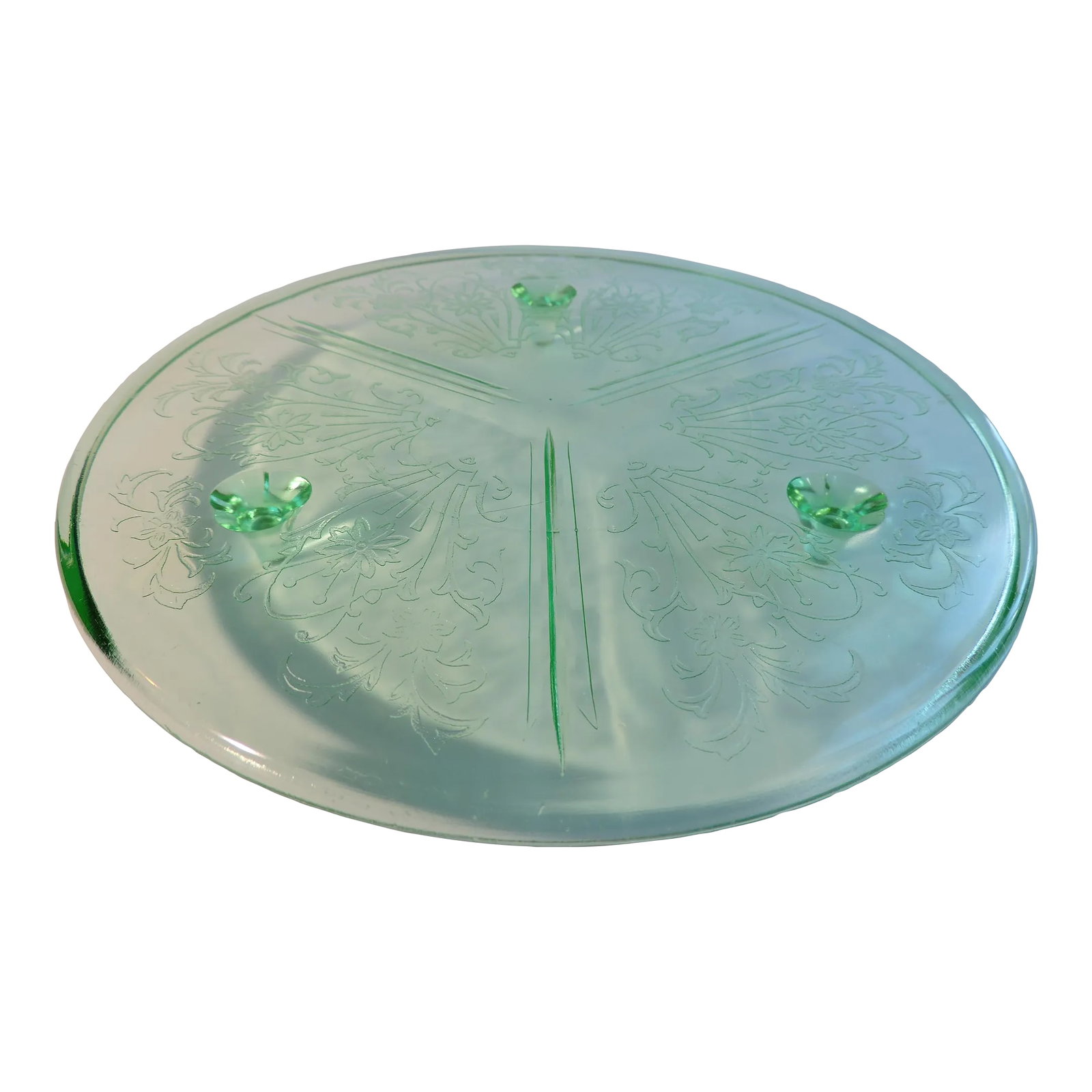 Circa 1932 Us Paneled Aster Cake Stand Depression Vaseline Glass: This antique depression Vaseline glass footed cake plate was made by the U.S Glass Co. and it is pressed glass pressed in their Paneled Aster pattern that they produced from 1932 up until the late 193
