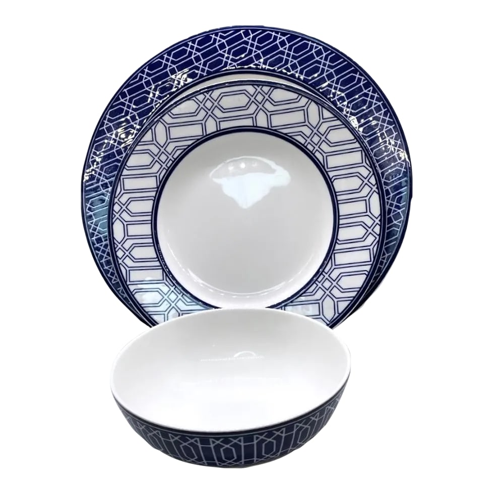 Early 21st Century Lenox Party Link Blue 3 Piece Place Setting - Blue Band/Links on Rim: The Lenox Party Link Blue 3-piece place setting is a stylish and contemporary option for your table. Lenox is a reputable brand known for its high-quality dinnerware and elegant designs. The Party