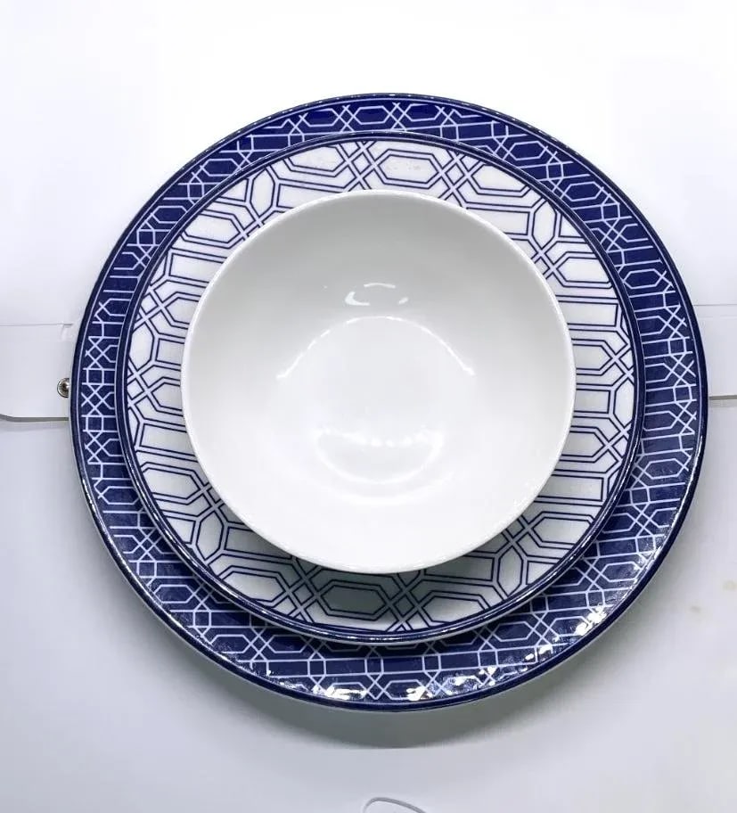Early 21st Century Lenox Party Link Blue 3 Piece Place Setting - Blue Band/Links on Rim - 3