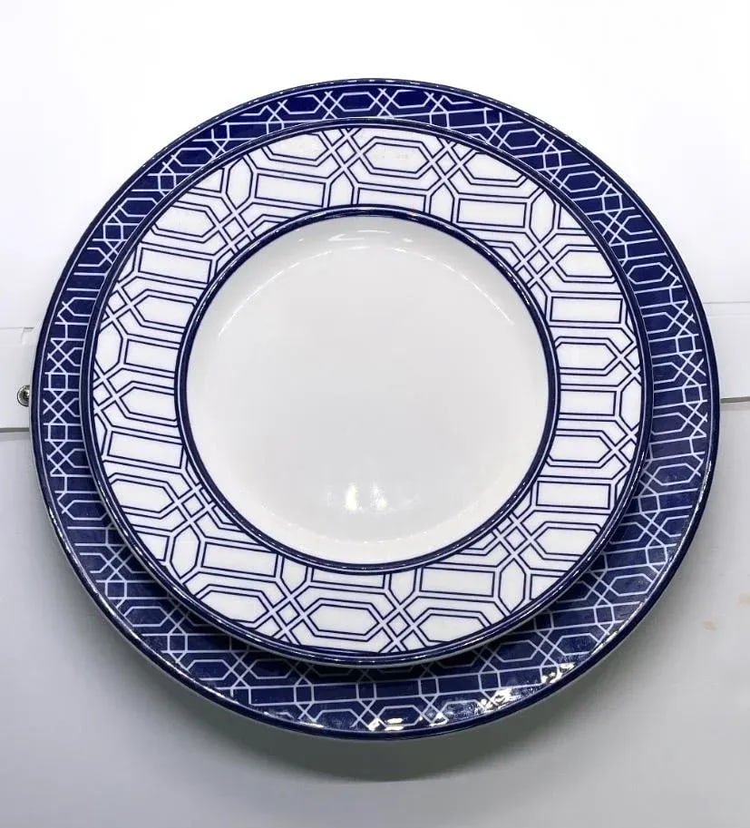 Early 21st Century Lenox Party Link Blue 3 Piece Place Setting - Blue Band/Links on Rim - 4