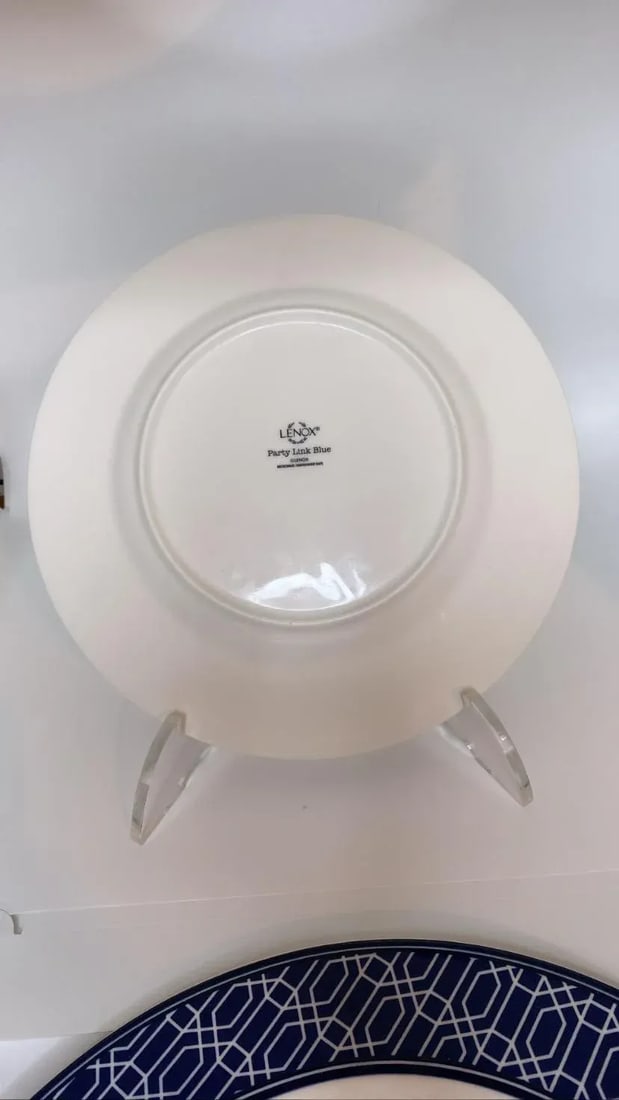 Early 21st Century Lenox Party Link Blue 3 Piece Place Setting - Blue Band/Links on Rim - 7