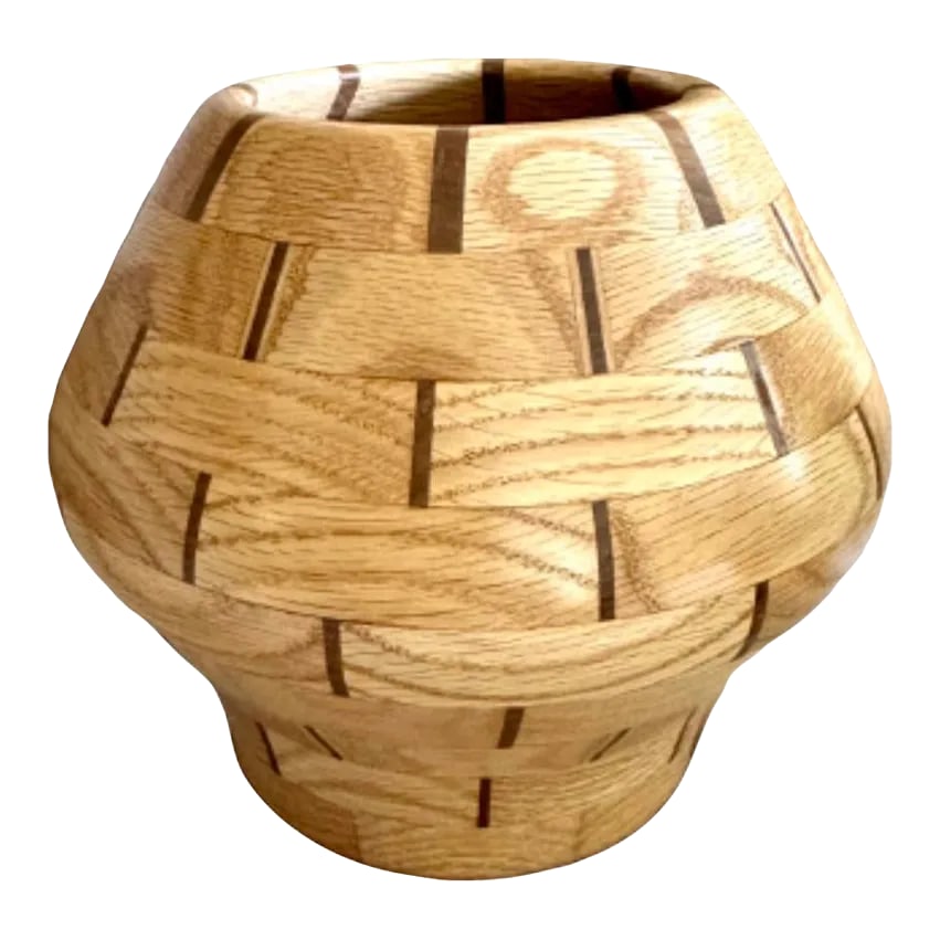 1970s Artisan Segmented Maple and Walnut Vase: Stunning VTG hand-crafted segmented maple and walnut(rosewood?) vase. Gorgeous contours and artistic inlayed pattern design; 8 layers atop round segmented base. Neutral colors and organic feel.