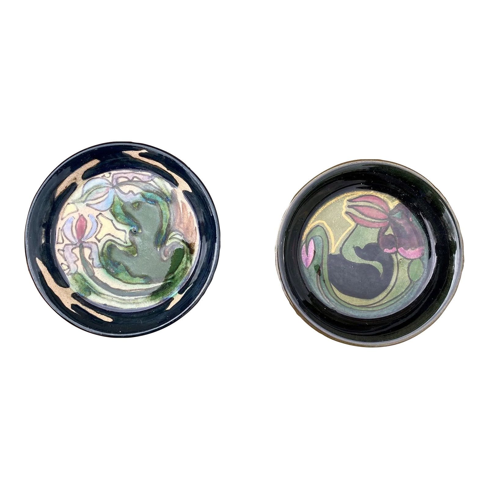 Antique 1915 Mini Gouda Pottery Dishes - Set of 2: Beautiful and rare mini antique 1915 Gouda Pottery dishes. Set of 2, signed on the bottoms. Made in Zuid, Holland. Small Dish: 3.25"D x .75"H Larger Dish: 3.5"D x .75"H Condition: Alterations: