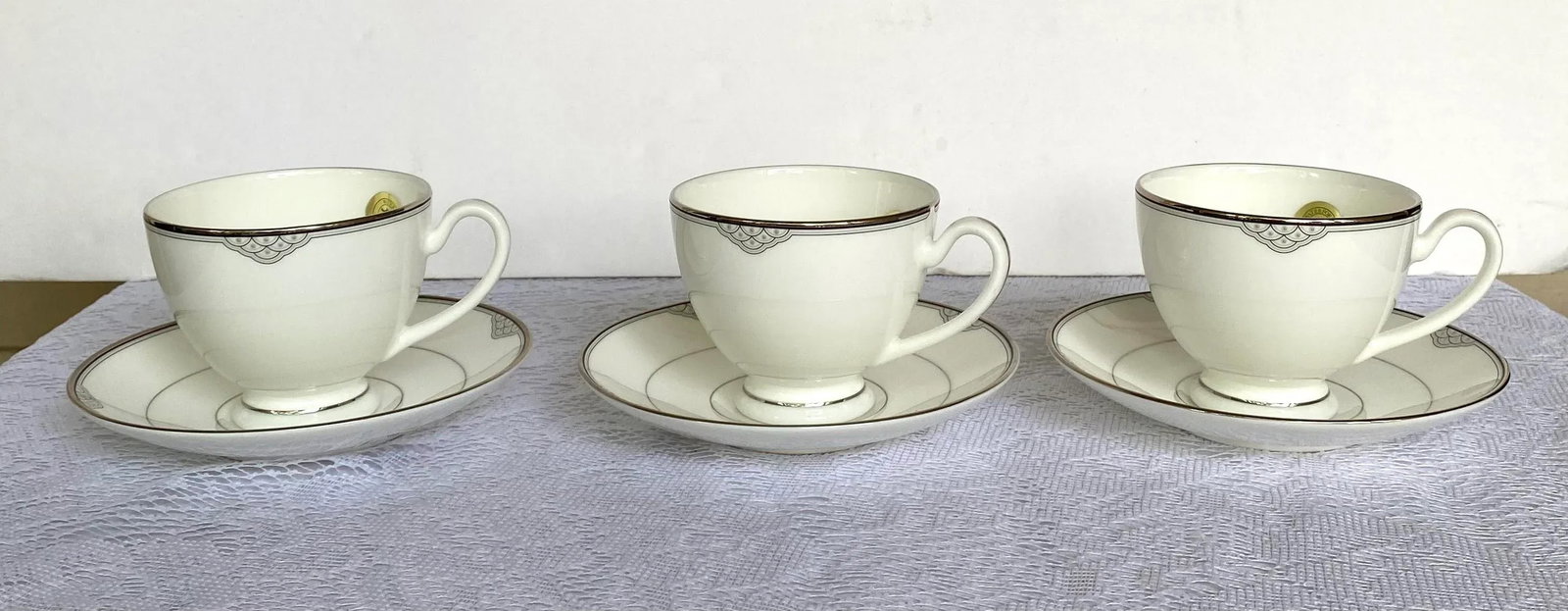 2000s Waterford Chiffonier Scallops & Dots, Platinum Trim Fine China Dessert Serving Set- 9 Pieces - 5