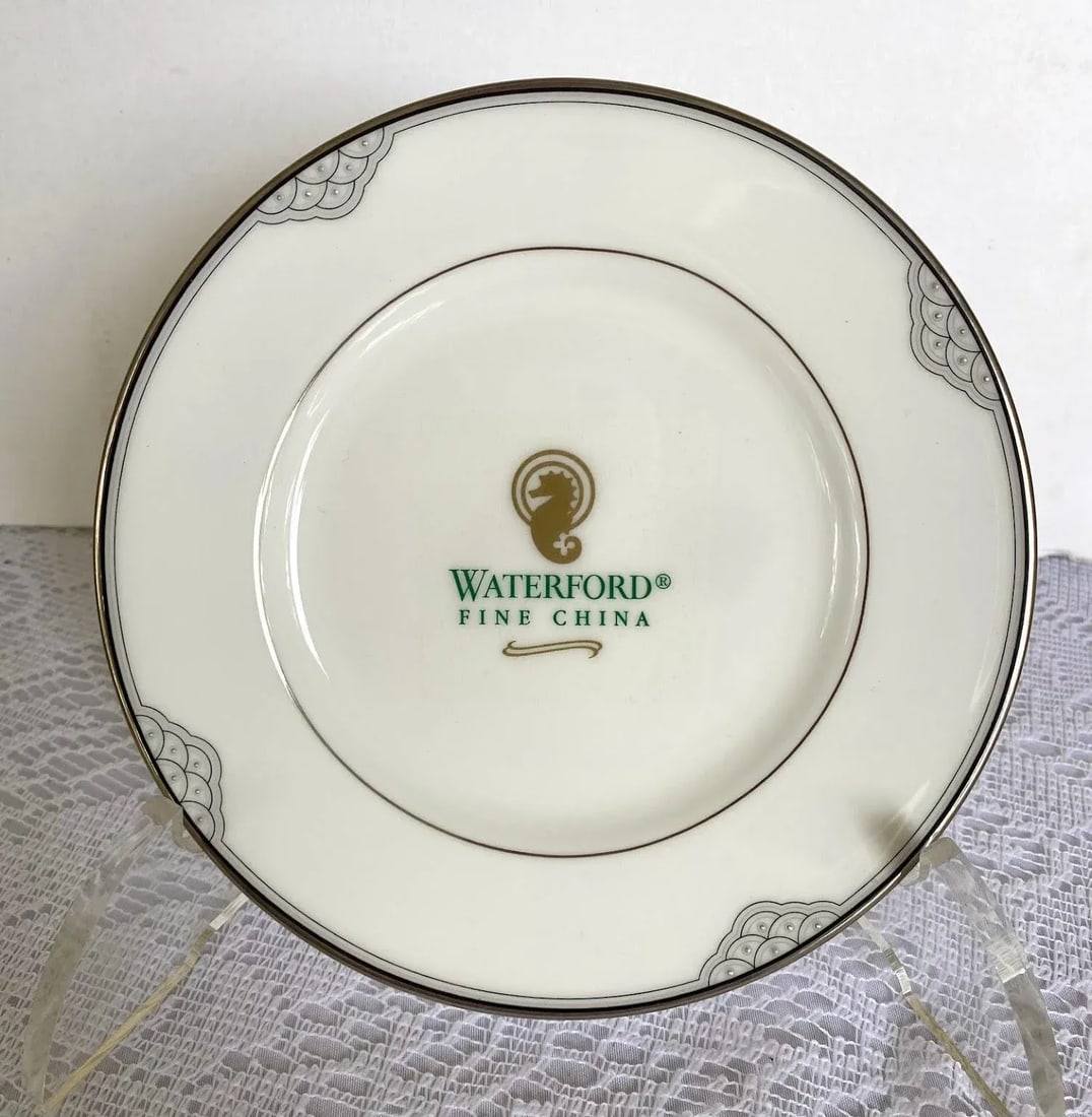2000s Waterford Chiffonier Scallops & Dots, Platinum Trim Fine China Dessert Serving Set- 9 Pieces - 6