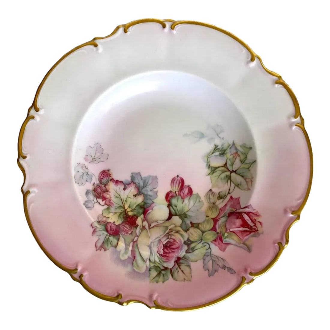 Vintage Bavaria Germany Sylvia Dinner Plate - Pink Background, White & Pink Roses, Gold Trim: The mark of the plate is green double "P" (Porzellanmalerei Parbus), a small decorating studio in Oberkotzau, Bavaria, Germany, started in 1904 by Leni Parbus and continued by her son Erich in 1955.