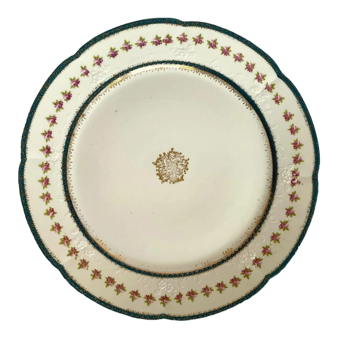 Antique Austria Dinner Plate With John Wanamaker Import Mark "w", Teal Bands, Pink Roses, Medallion: The Antique Austria Dinner Plate with the John Wanamaker Import Mark is a unique and valuable piece of tableware with exquisite details. John Wanamaker was a prominent American department store owner 