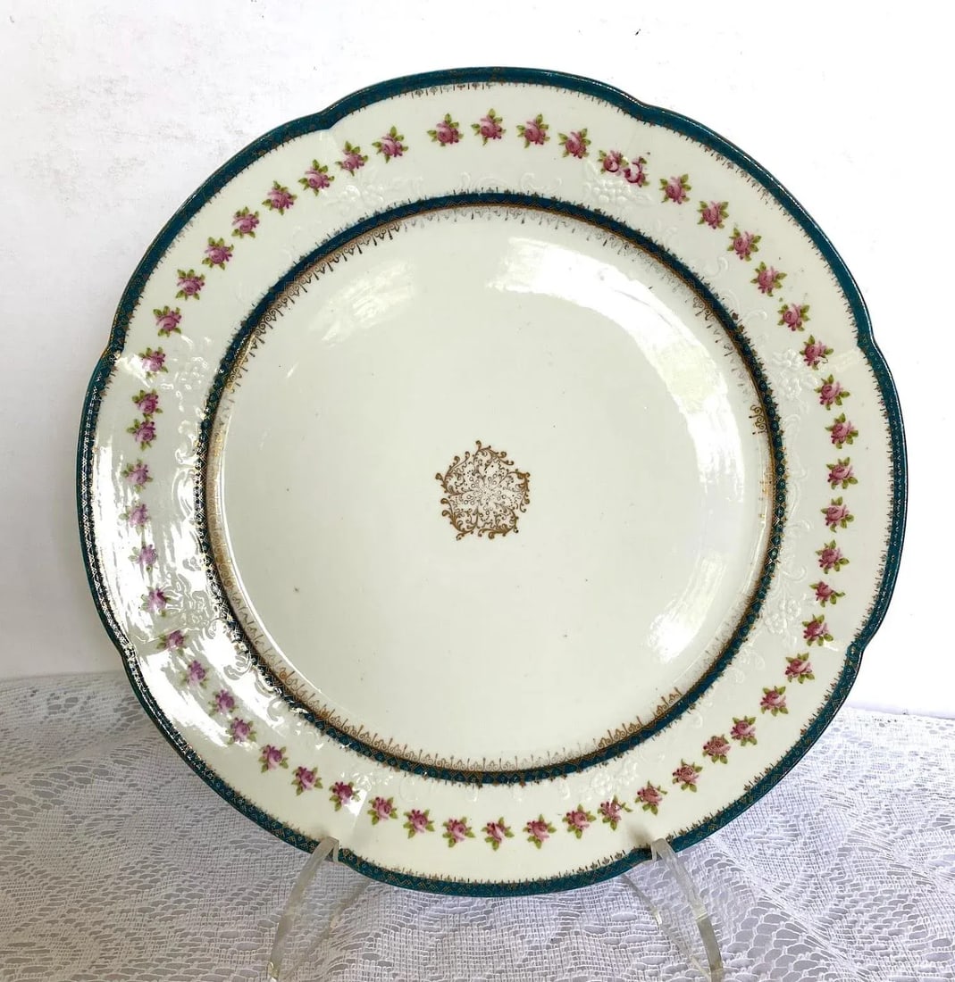 Antique Austria Dinner Plate With John Wanamaker Import Mark "w", Teal Bands, Pink Roses, Medallion - 2