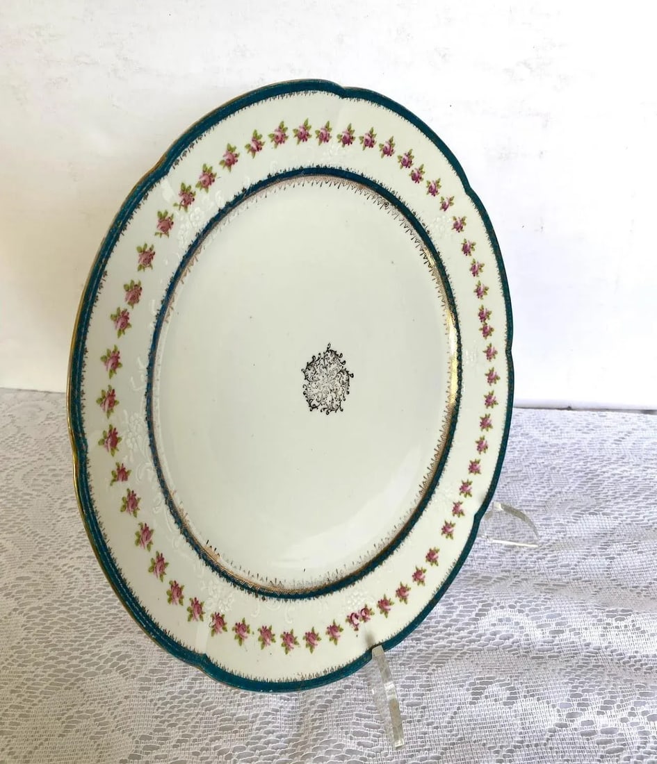 Antique Austria Dinner Plate With John Wanamaker Import Mark "w", Teal Bands, Pink Roses, Medallion - 3