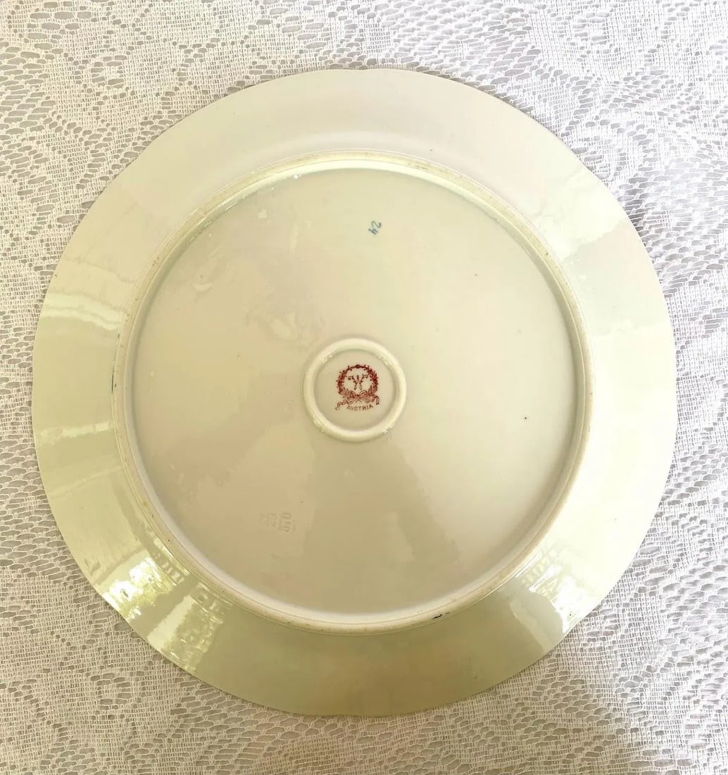Antique Austria Dinner Plate With John Wanamaker Import Mark "w", Teal Bands, Pink Roses, Medallion - 4