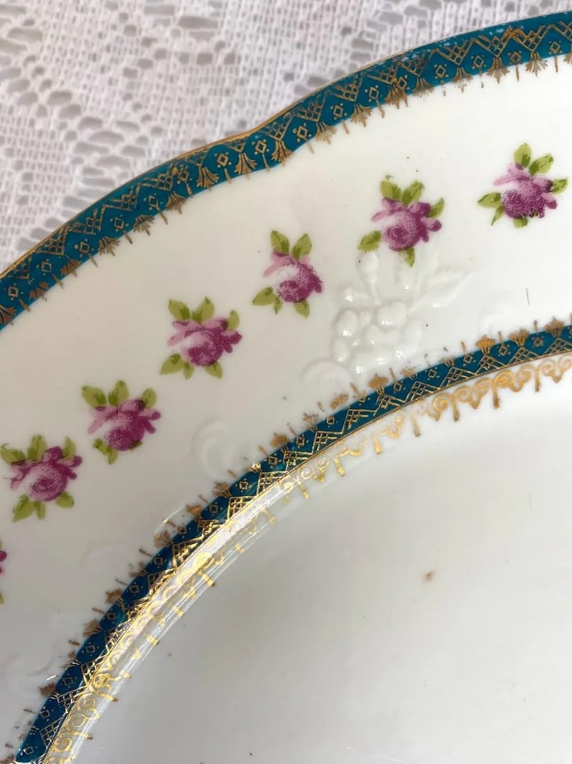 Antique Austria Dinner Plate With John Wanamaker Import Mark "w", Teal Bands, Pink Roses, Medallion - 7