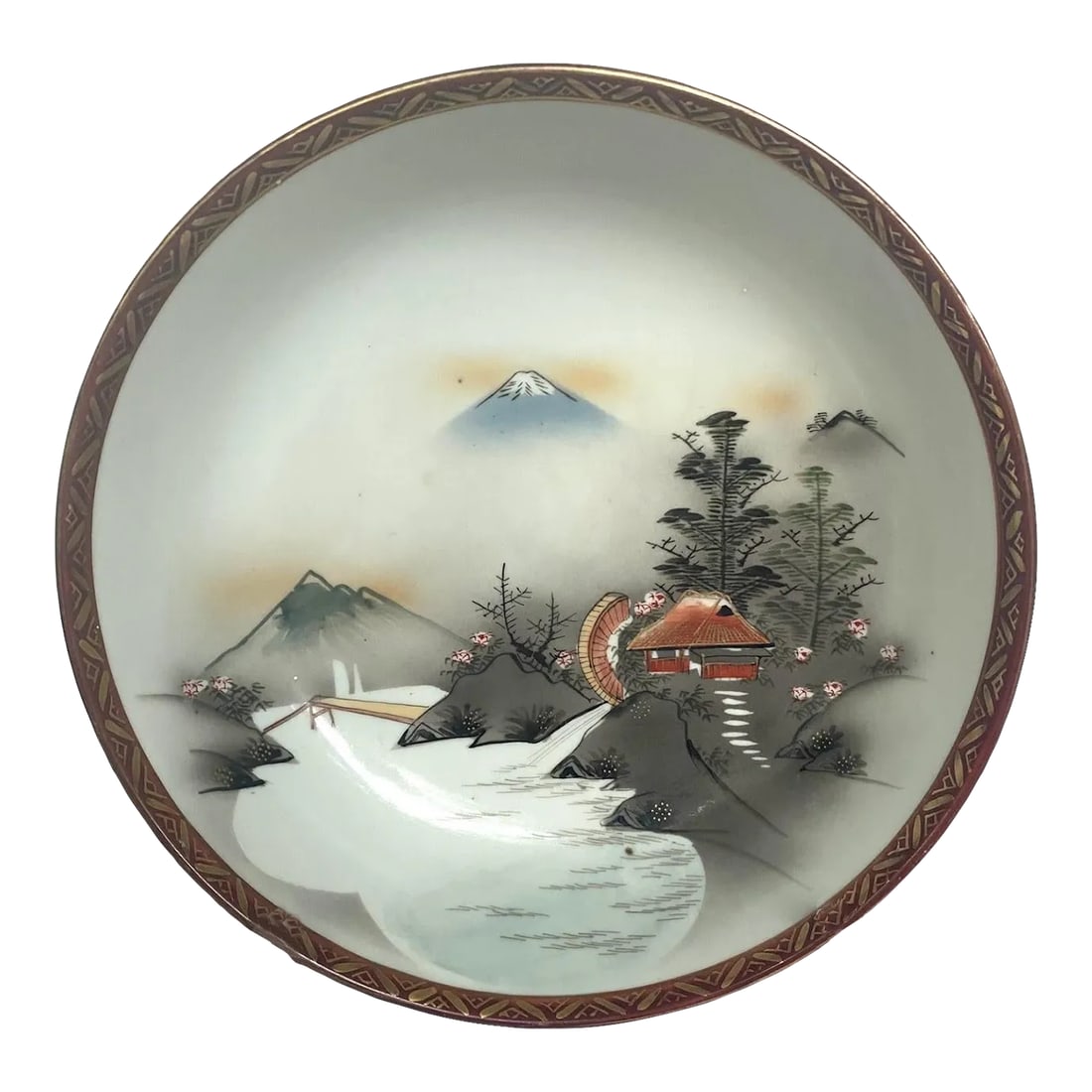 Kutani Japan 1960s Hand Painted Bowl - Mountain & Stream Landscape, Gold Gilt Trim on Brown Band: The Vintage Kutani Hand-Painted Bowl from Japan with Seal script generic Kaku (square) style version of "Kutani" in the 1960s. Vintage ceramics from this period are highly collectible. The word