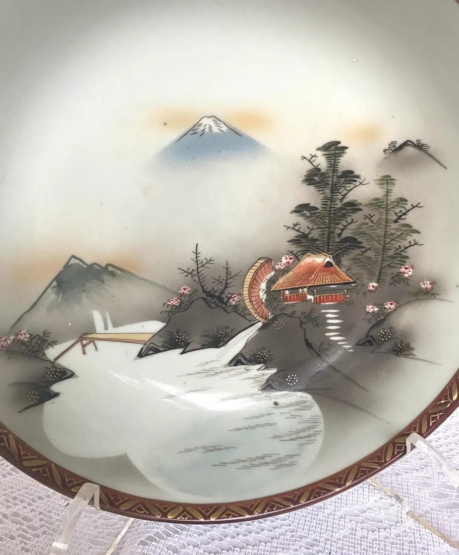 Kutani Japan 1960s Hand Painted Bowl - Mountain & Stream Landscape, Gold Gilt Trim on Brown Band - 6