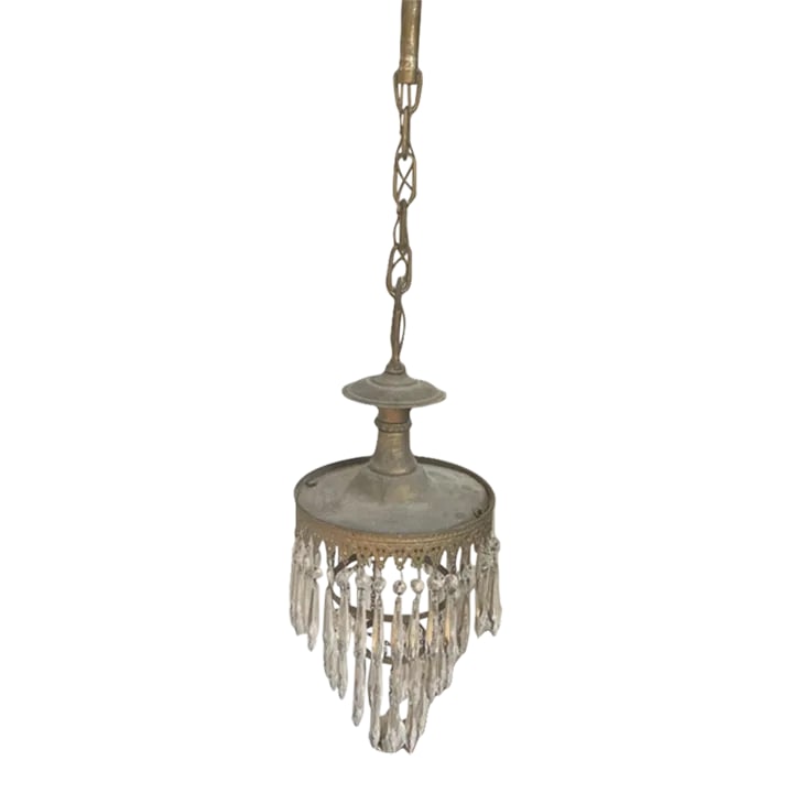 1960's Traditional Brass Rim Pendant: This vintage brass chandelier with decorative brass rim and crystal drops. Original patina. May need to be rewired. Works perfectly. Condition: Alterations: Original Condition Unaltered