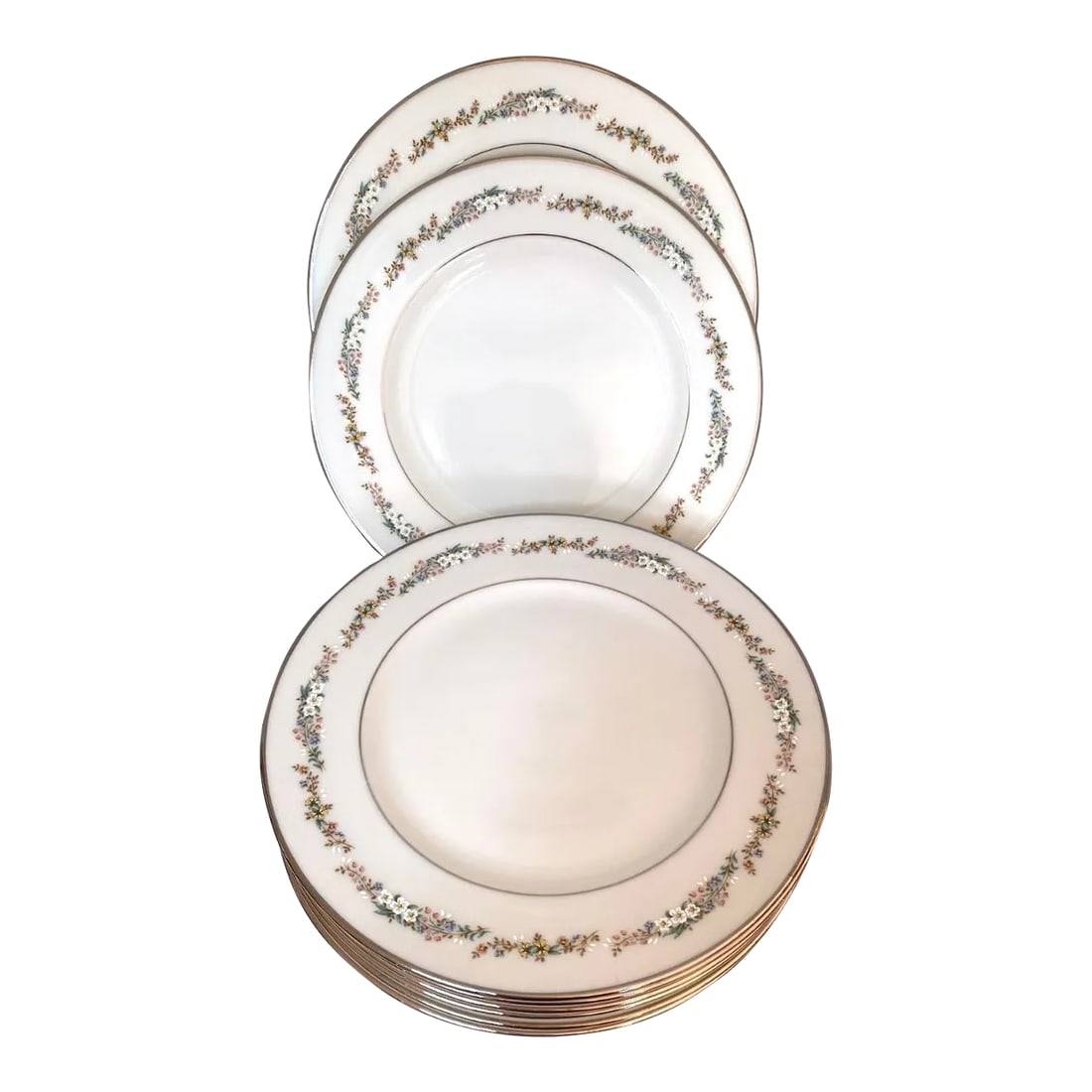 1990s Gorham Rondelle Floral Filigree Band on White, Pink and Blue Flowers, Platinum Rim Ivory Fine: The Gorham RONDELLE Ivory Fine China Plate is a stunning piece of tableware that exudes elegance and sophistication. This plate features a beautiful design with a floral filigree band on a white