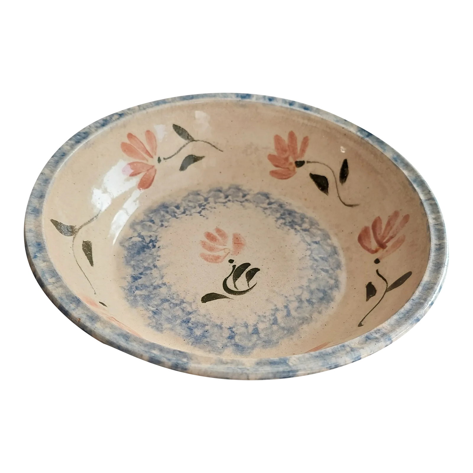 1990s Hand Painted Hand Made Spongeware Bowl With Flowers: Hang thrown ceramic bowl with spongeware pattern and painted flowers. Likely NC potter. Signed on the base. Condition: Alterations: Original Condition Unaltered Imperfections: Some Imperfections