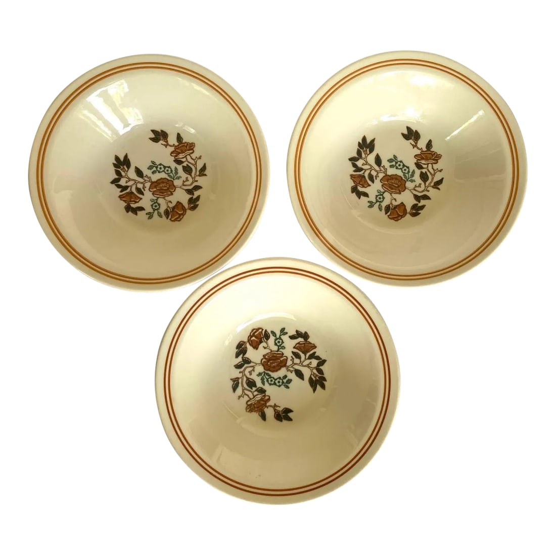 1970s Mount Clemens Brown & Green Floral Center, Two Light Brown Rings Stoneware Rim Soup Bowl - Set: Mount Clemens Pottery was a well-known American pottery company that operated in Mount Clemens, Michigan, from the early 20th century until it closed in the mid-1980s. They produced a variety of ceram
