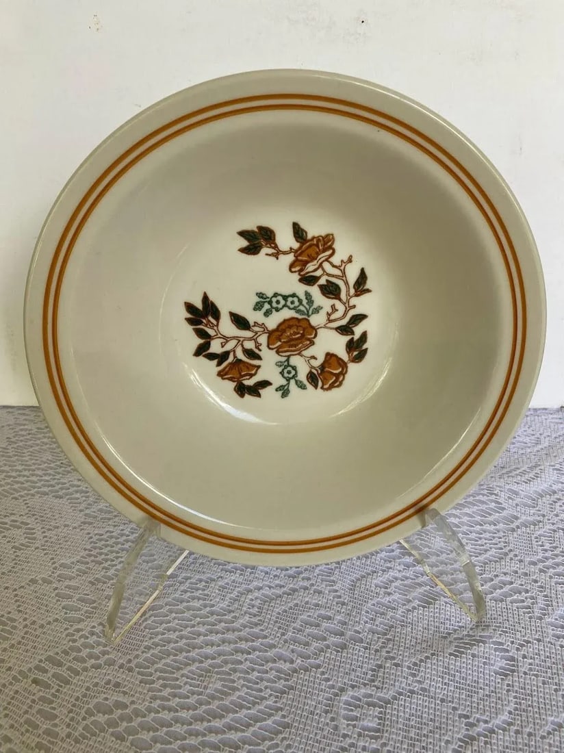 1970s Mount Clemens Brown & Green Floral Center, Two Light Brown Rings Stoneware Rim Soup Bowl - Set - 2