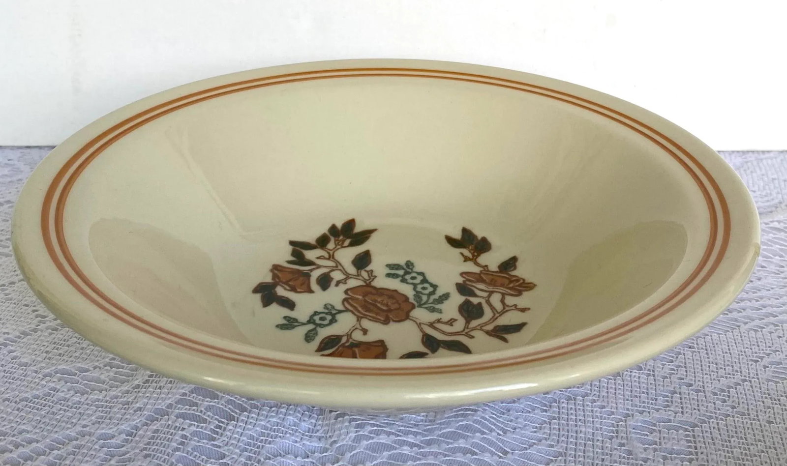 1970s Mount Clemens Brown & Green Floral Center, Two Light Brown Rings Stoneware Rim Soup Bowl - Set - 3