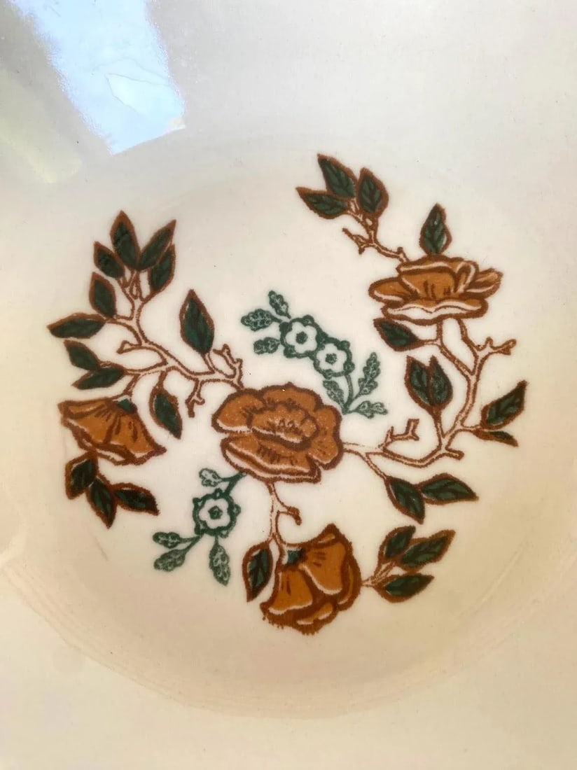 1970s Mount Clemens Brown & Green Floral Center, Two Light Brown Rings Stoneware Rim Soup Bowl - Set - 7