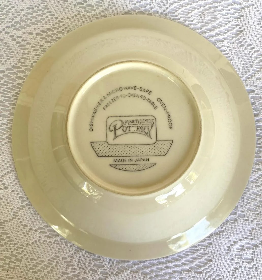 1970s Mount Clemens Brown & Green Floral Center, Two Light Brown Rings Stoneware Rim Soup Bowl - Set - 8