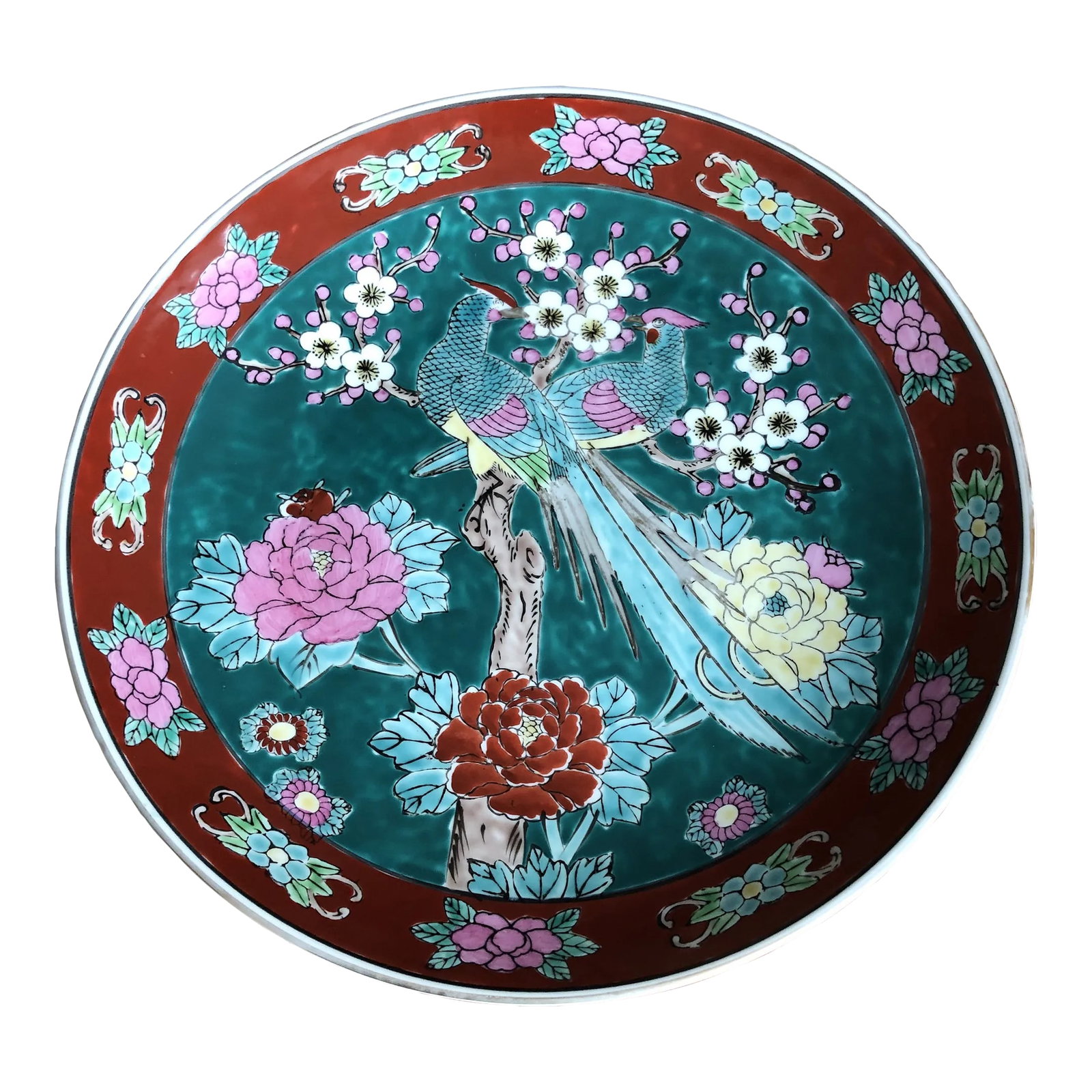 Vintage Mid-Century Large Imari Style Porcelain Centerpiece Platter With Hand-Painted Peacocks, Cher: This big, beautiful, shallow centerpiece would be a show-stopper in any setting. Unlike more traditional pieces, this scene offers both the peacock and the pea hen roosted in a tree surrounded by