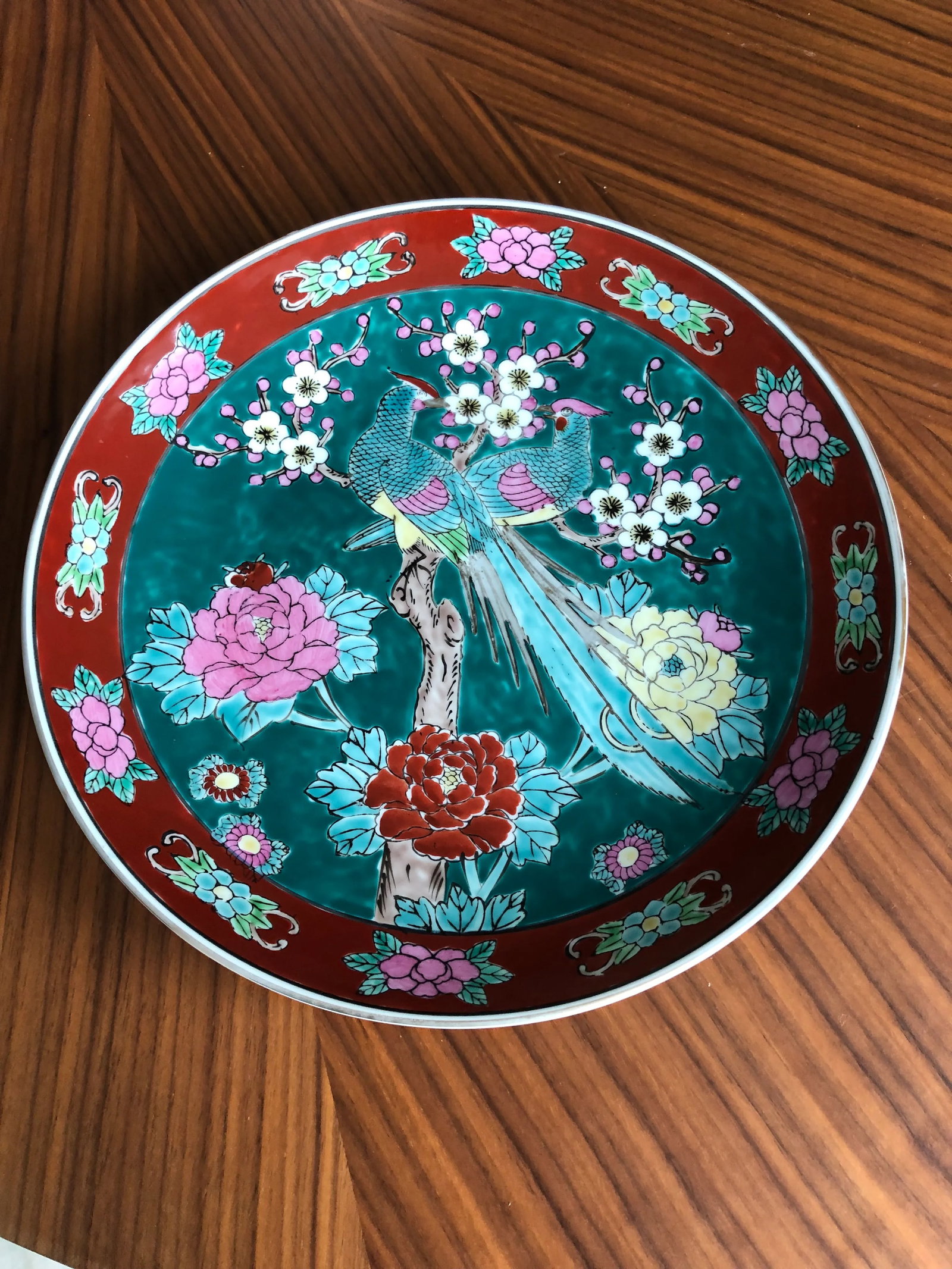 Vintage Mid-Century Large Imari Style Porcelain Centerpiece Platter With Hand-Painted Peacocks, Cher - 7