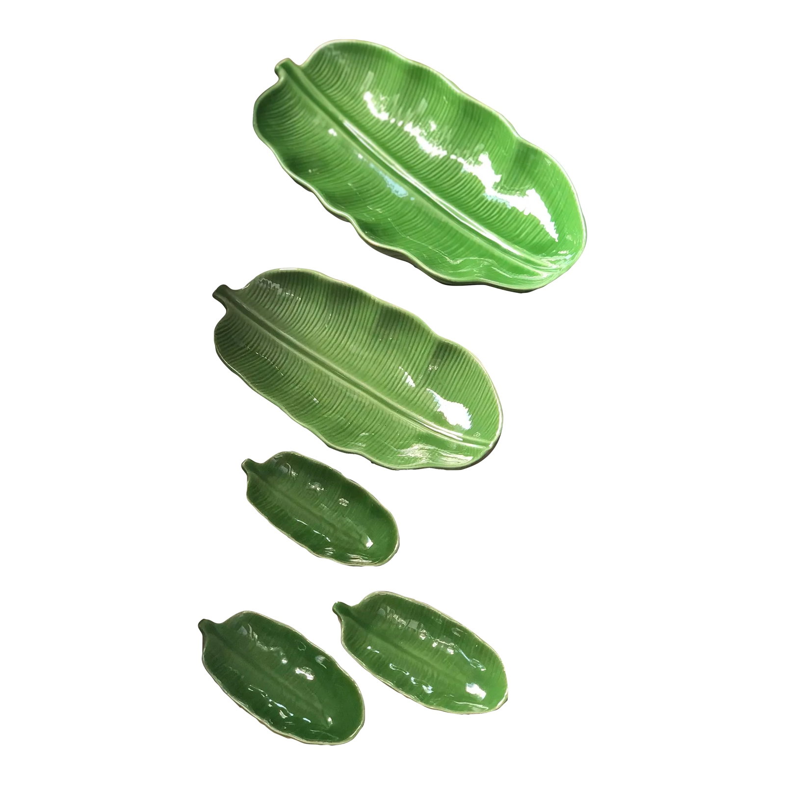 Vintage Banana Leaf Serving Platters and Sauce Bowls-5 Pieces: These bright leafy green platters are the perfect catchalls for a brunchy feast. Carbs in the large. Proteins in the medium. Sauces in the smalls. You're all set. Measurements: L: 12x6x2 M: 9x4x1.5